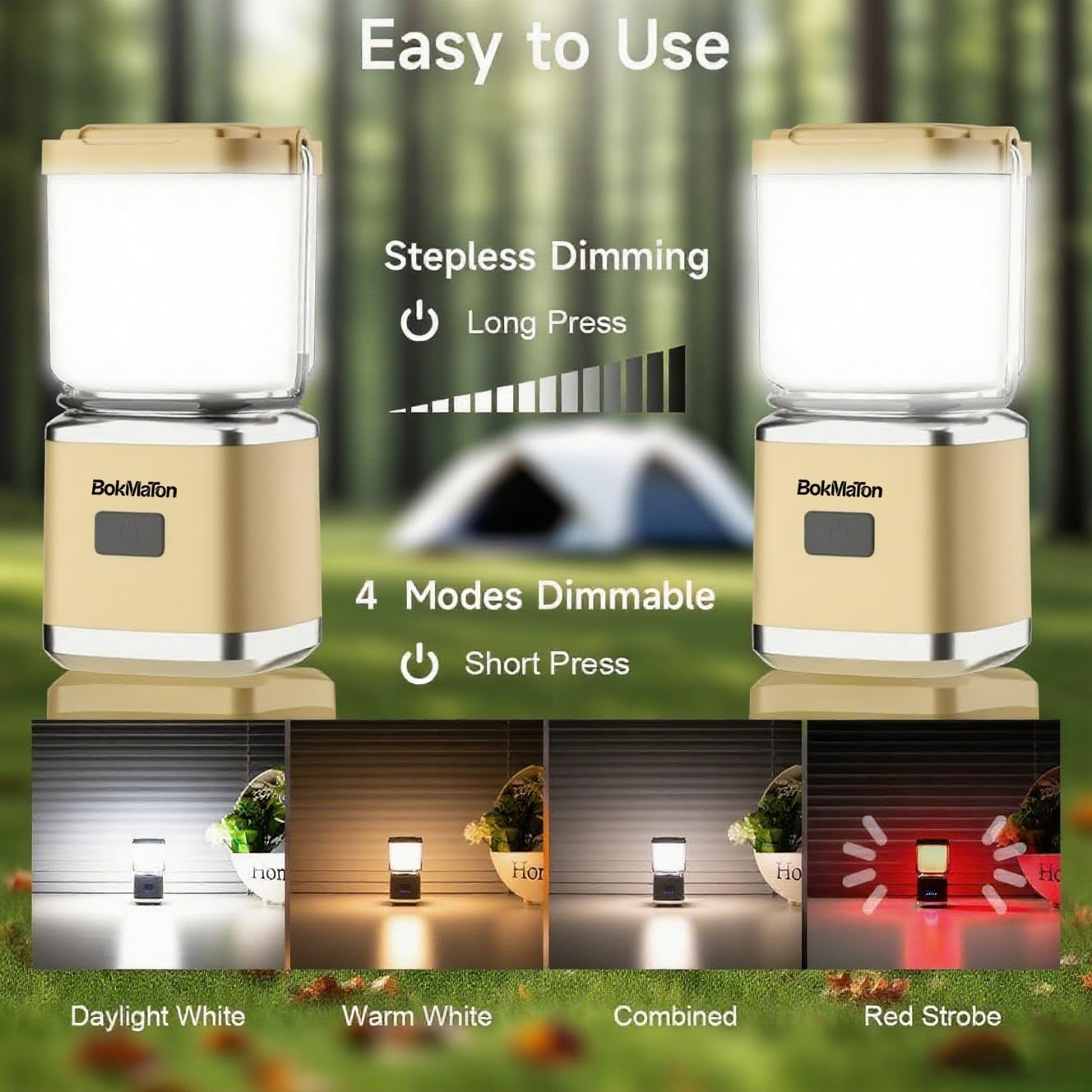 Bokmaton Portable Camping Lantern Rechargeable -4Inch, 400Lm LED Camping Lights Lantern &6Hours Runtime& Stepless Dimming, Emergency Lights for Power Outages, Waterproof Camping Lamp (Cream White)