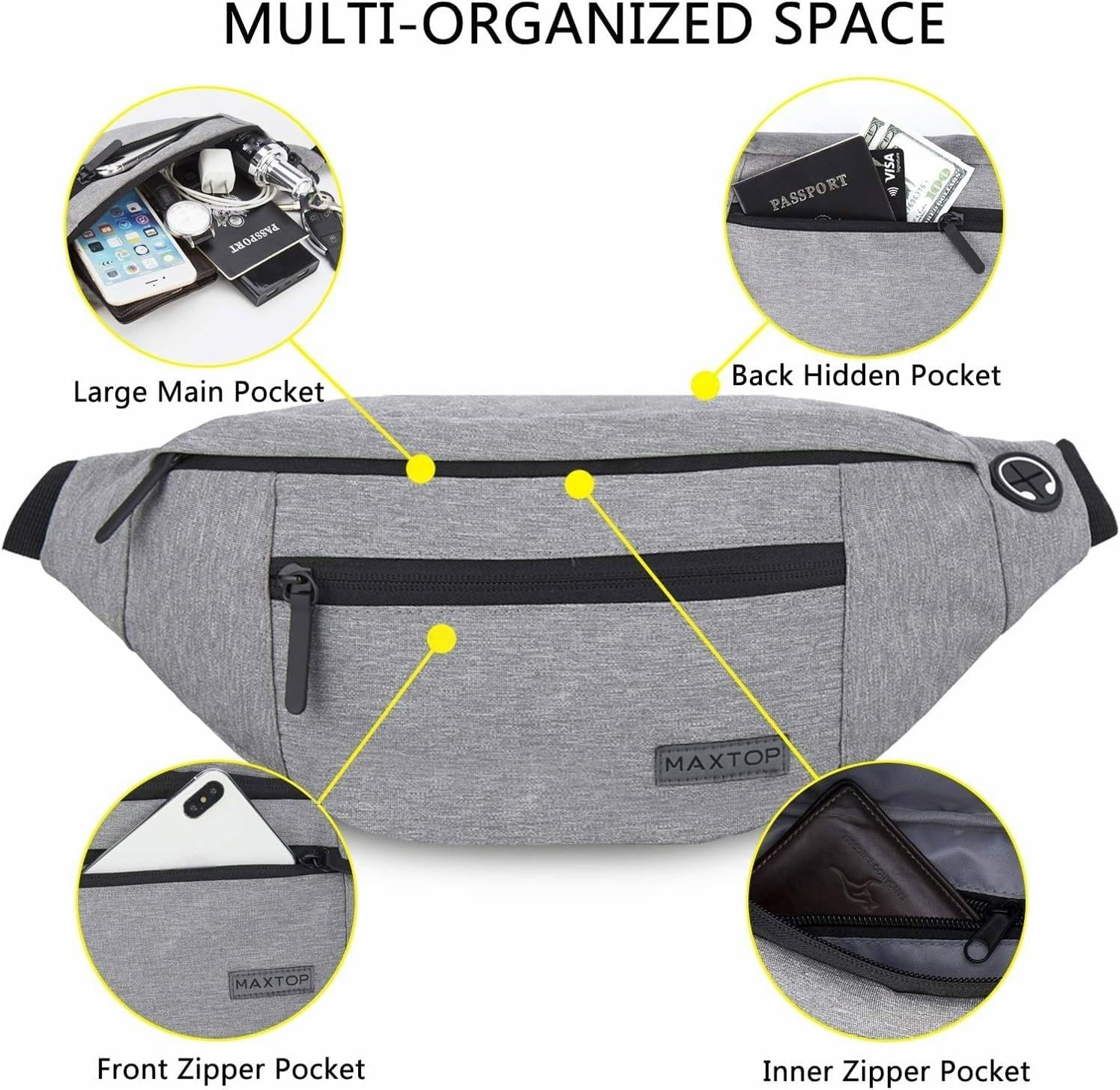 Large Fanny Packs for Women Men with 4-Zipper Pockets,Gifts for Enjoy Festival Sports Workout Traveling Running Casual Hands-Free Water-Resistant Waist Pack Bag Wallets Carrying All Size of Phones - Black(Washed Nylon With Silver Metal Zipper) image number 6