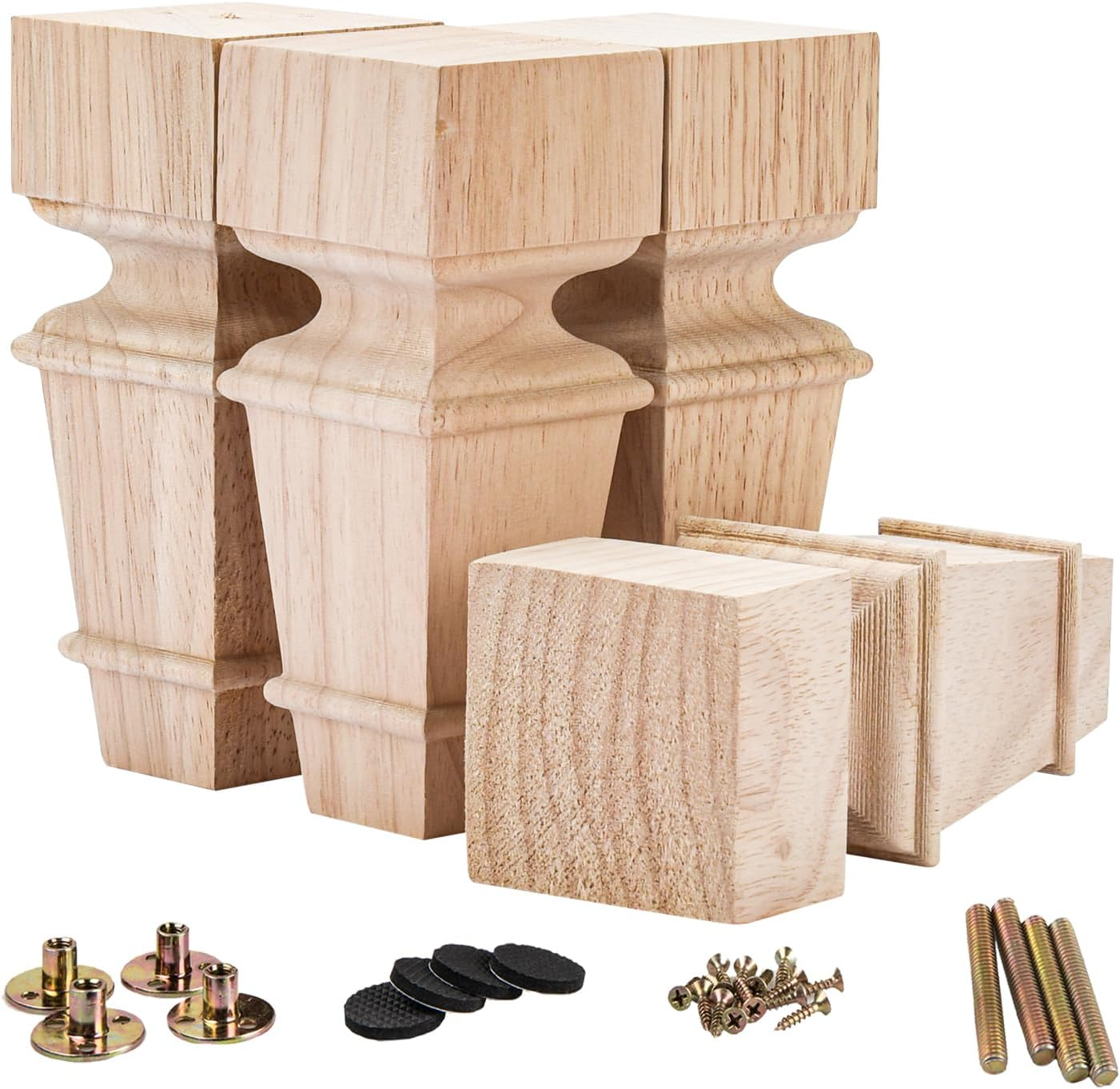 6 Inch / 15Cm Wooden Furniture Legs, La Vane Set of 4 Solid Wood Carved Geometry Unfinished Replacement Bun Feet with Mounting Plate & Screws for Sofa Cabinet Couch Table TV Stand