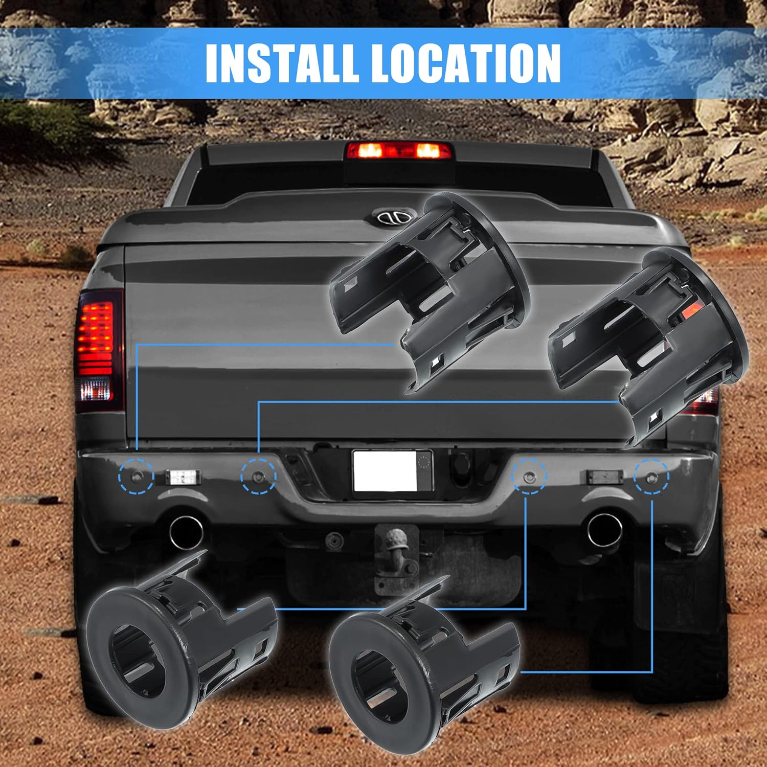 X AUTOHAUX 4PCS Parking Assist Sensor Bezels for Front or Rear Bumper for Dodge for Ram 1500 14-18/Backup Parking Aid Sensor Retainer Bracket for Ram 1500 Classic 19-21 Replace 5LS52TZZAA image number 1