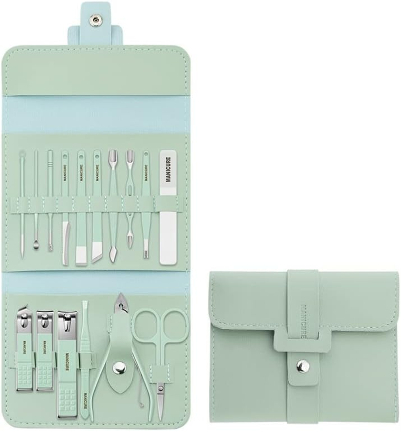 AIMALL 16PCS Manicure Pedicure Kit for Men and Women, Stainless Steel Nail Clippers Set with Facial and Foot Care Tools in Leather Case, Portable Grooming Set