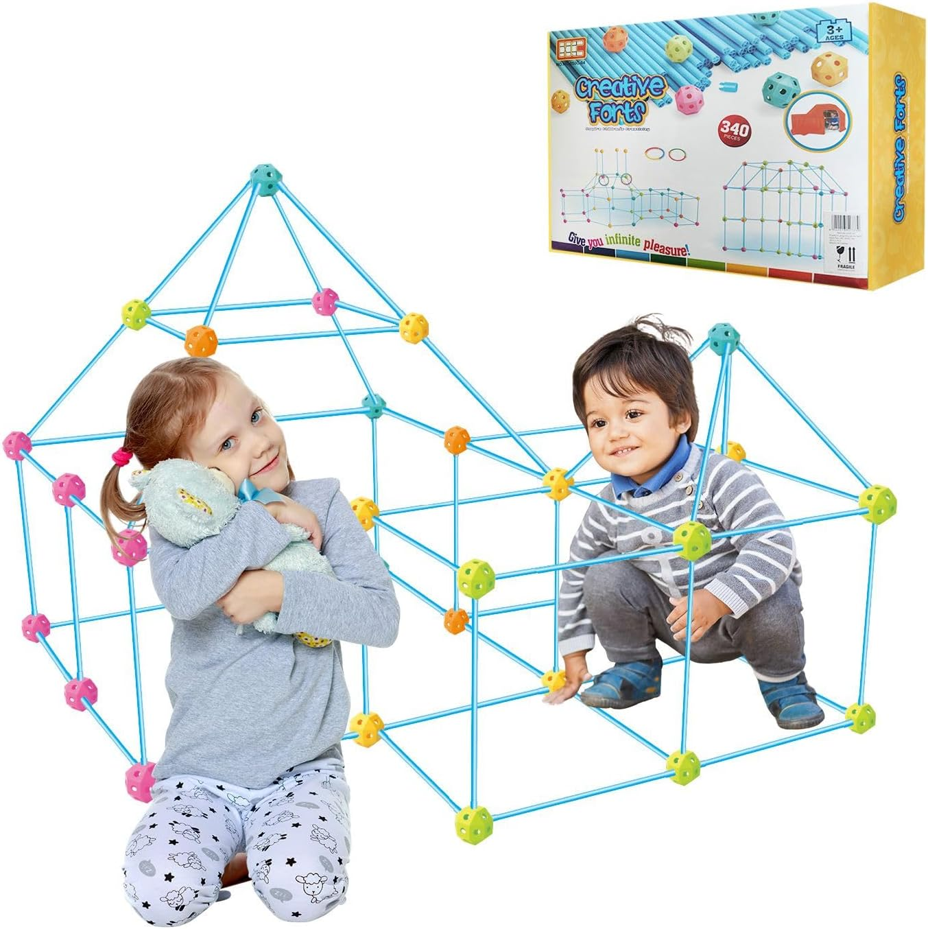 340Pcs Kids DIY Fort Building Kit Construction Builder Castle Educational Toy Creative STEM Learning Play Set, Boys Girls DIY Building Tunnels Play Tent Indoor & Outdoor