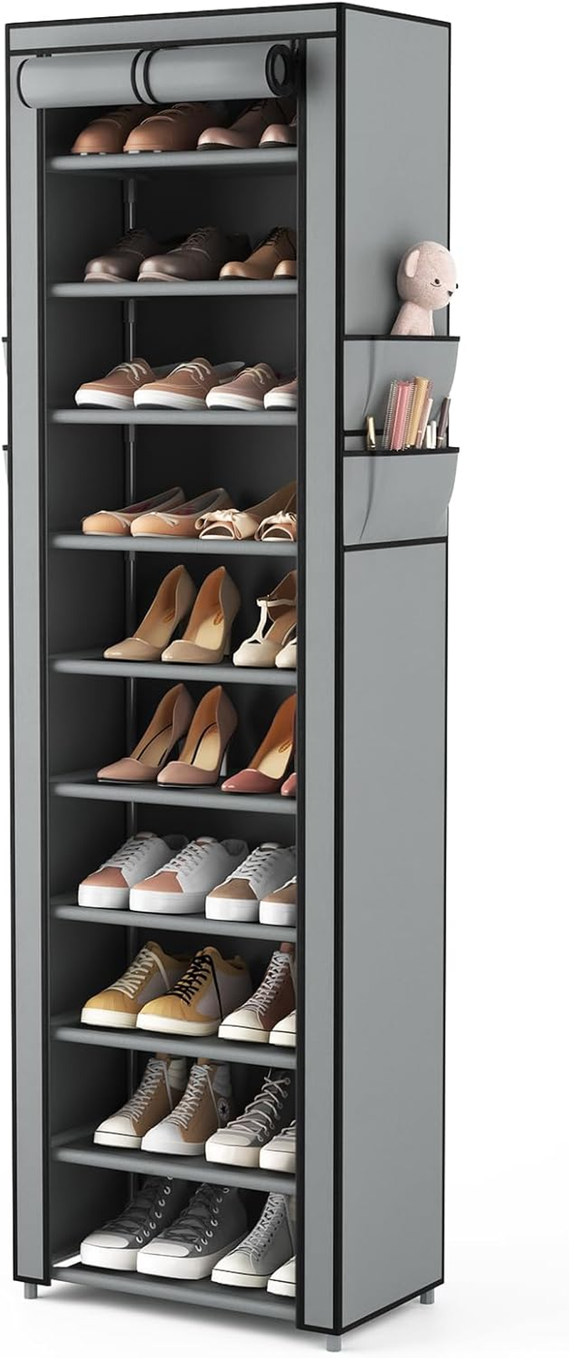 VTRIN Vertical Narrow Shoe Rack Organizer Tall Shoe Rack for Closet Entryway 10 Tier Non-Woven Cover Shoe Shelf Holds 20-22 Pairs Free Standing Shoe Storage Cabinet with Dustproof Cover, Grey