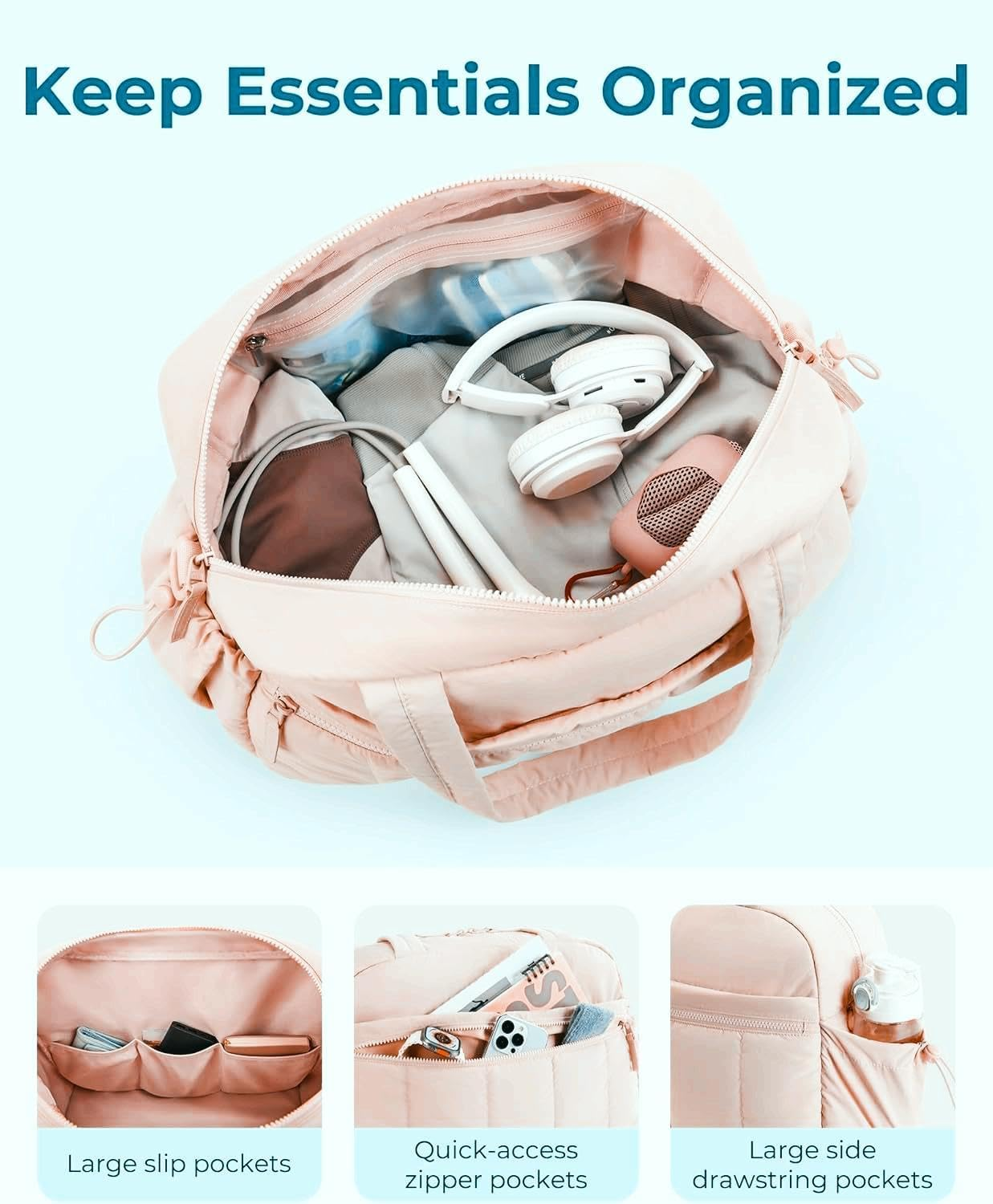 Gym Bag for Women, Duffle Bag for Travel with Wet Pocket, Lightweight Carry on Weekender Duffel, Water Resistant,Pink image number 3