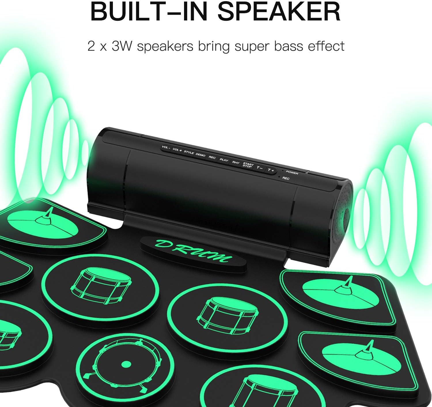 Electronic Drum, Uverbon Portable Drum Set with 9 Pads, 2 Pedals and Drumsticks, Built-In Stereo Speakers, Digital Music Pad Roll up Drum Set for Children and Beginners image number 4