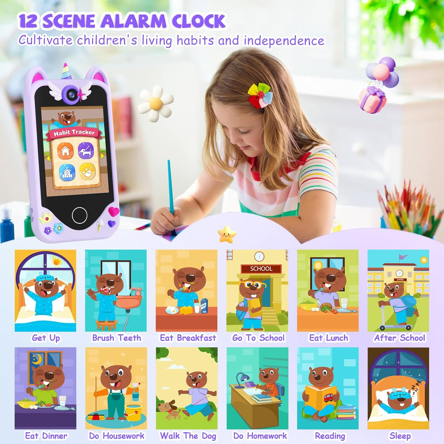 Kids Smart Phone for Girls Gifts - Toddler Christmas Birthday Gift for Age 3 4 5 6 Year Old, Kids Cell Phone Toy with Touchscreen, Dual Cameras, Learning, Music Player, Games with 32 GB Card - Purple image number 6