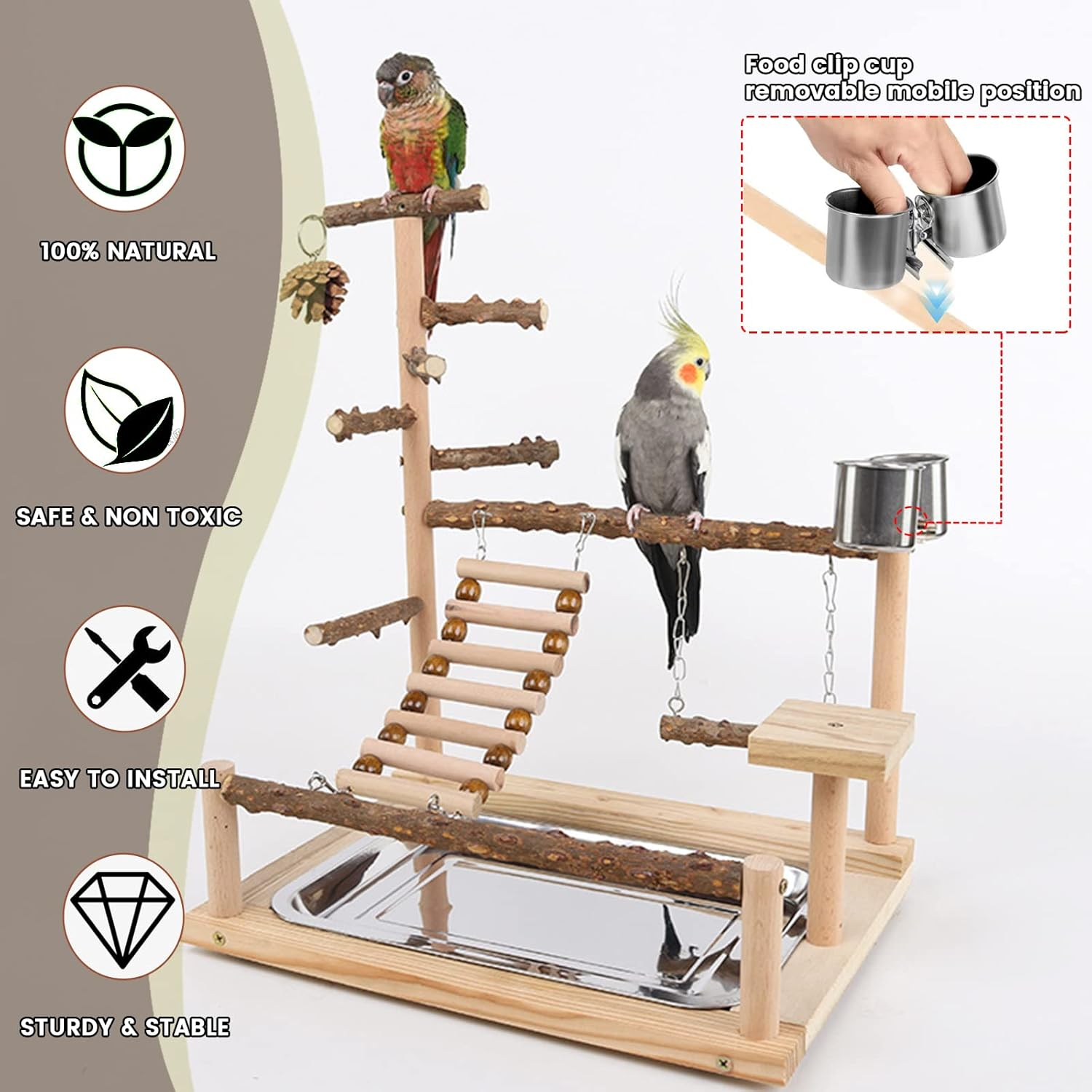 Wishesmar Bird Playground Parrot Play Stand with Feeder Cup Swing Climb Ladder and Tray Budgie Playground Cage Exercise Gym Toys for Parakeets Cockatiel, Wooden, Size about 17.7X14.6X10.2 in #A image number 6