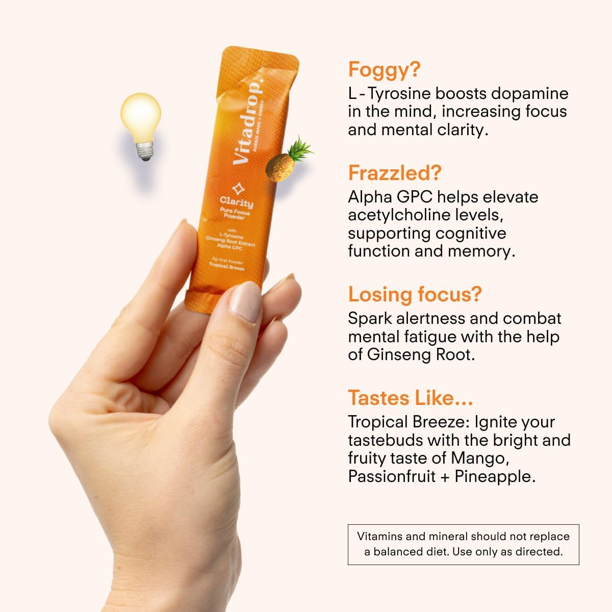 Vitadrop Hydrate+ Pure Focus: 400Mg L-Tyrosine, 200Mg Ginseng Root Extract + 100Mg Alpha GPC (Tropical Breeze Flavour) image number 5