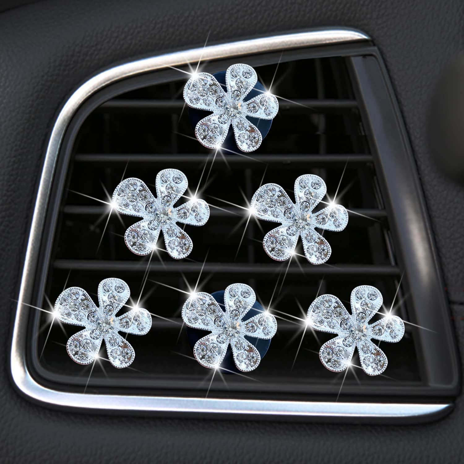 Bling Flower Air Vent Clips, 6 Pcs Cute Daisy Air Fresheners, Diffuser with Rhinestone Interior Decoration Charm, Diamond Decor Accessories for Women Girls
