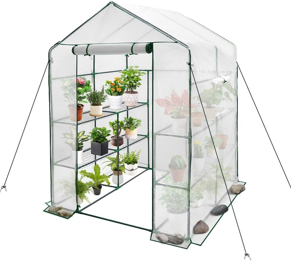 ALSTON Greenhouse Walk-In Tunnel 3 Tier Planting Shelves 143X143X195Cm Strong Stability with PE Cover Roll-Up Zipper Door and Window for Outdoor Vegetable Plants image number 6