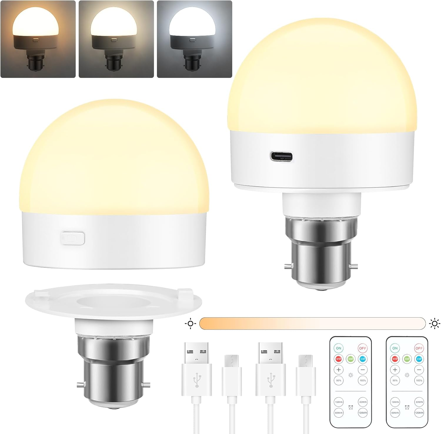 Eocean LED Rechargeable Light Bulbs, B22 Battery Operated Light Bulb, Wireless Light Bulb with 3 Colors & Timer, Magnetically Detachable, Emergency Battery Light Bulb for Non-Hardwired (2 Pack) image number 3