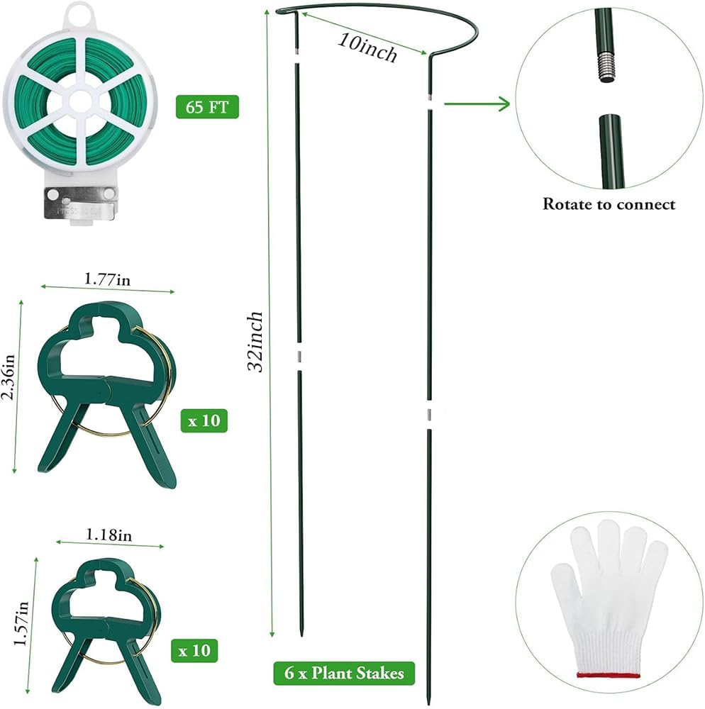 6 Pack Plant Support Stakes,10" W X 32" H Half round Ring Metal Plant Support Stakes, with Plant Clip, Garden Wire and Gloves,For Indoor and Outdoor Plants, Vegetable, Flowers image number 3