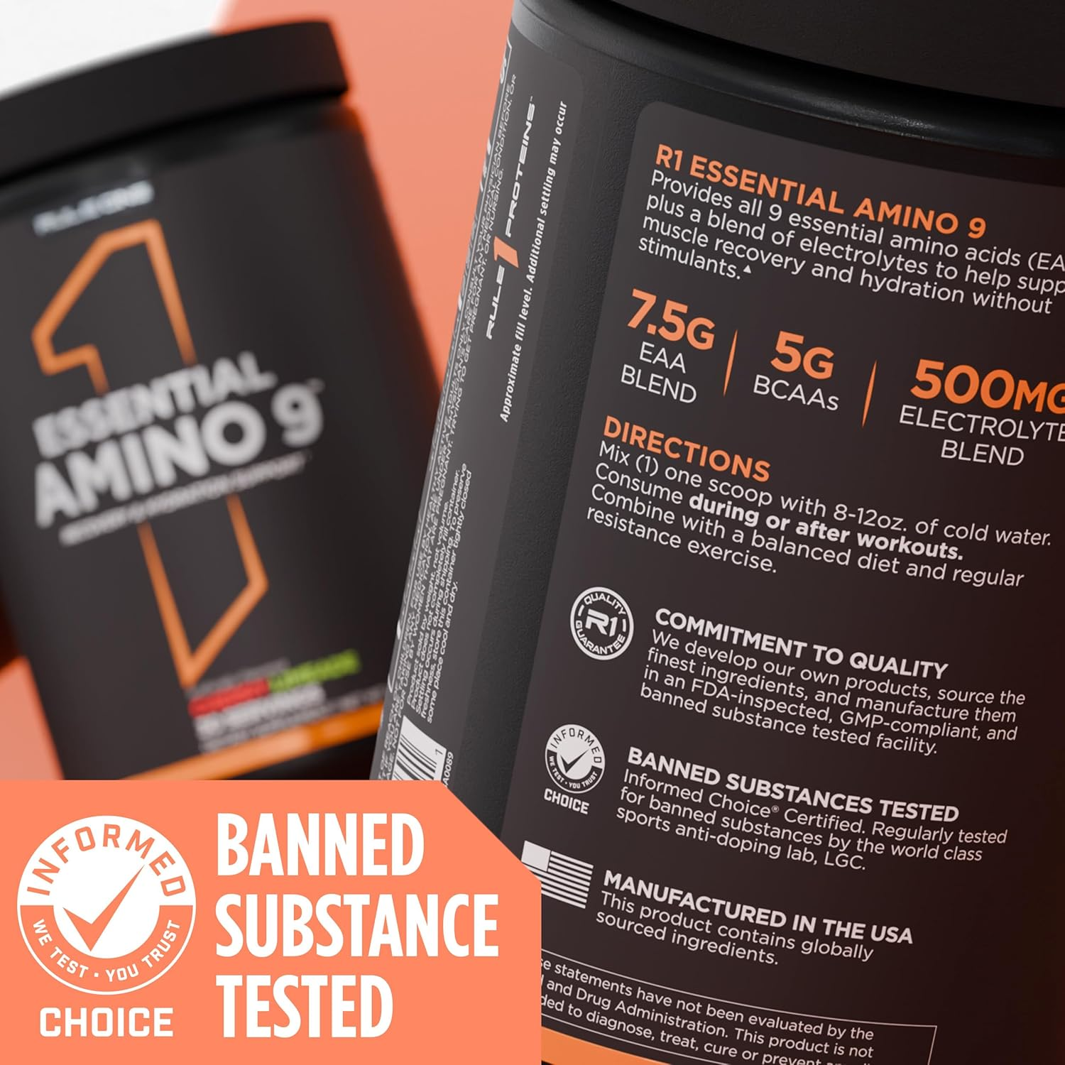 Rule 1 Essential Amino 9 Recovery & Hydration Support Supplement 345 G, Peach Mango (30 Servings) image number 5
