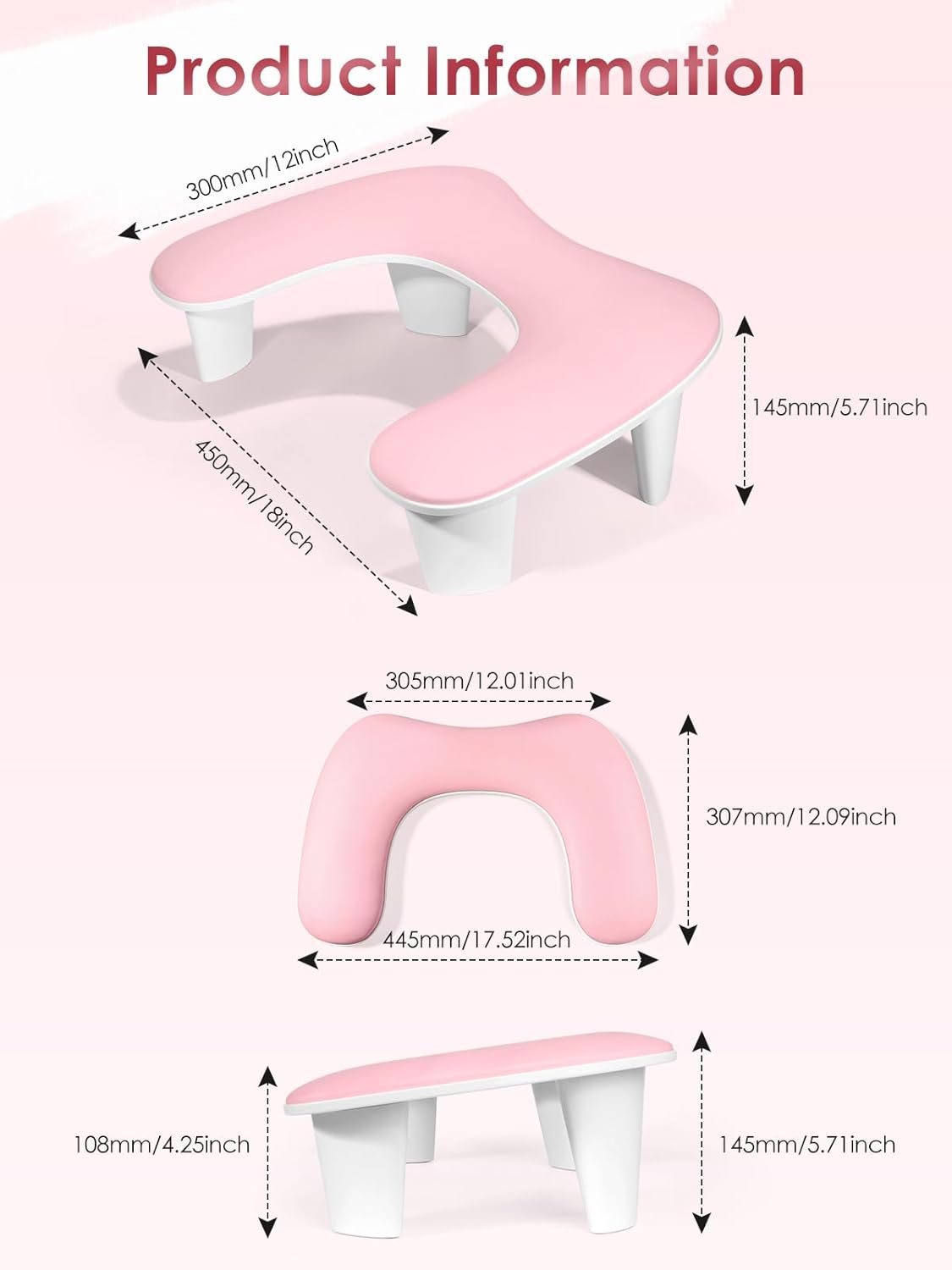 LIONVISON Arm Rest for Nails Tech - U-Shaped Manicure Nail Hand Rest Pillow Cushion, Big Microfiber Leather Nail Arm Rest Stand for Acrylic Nail Art Tech (Pink) image number 3