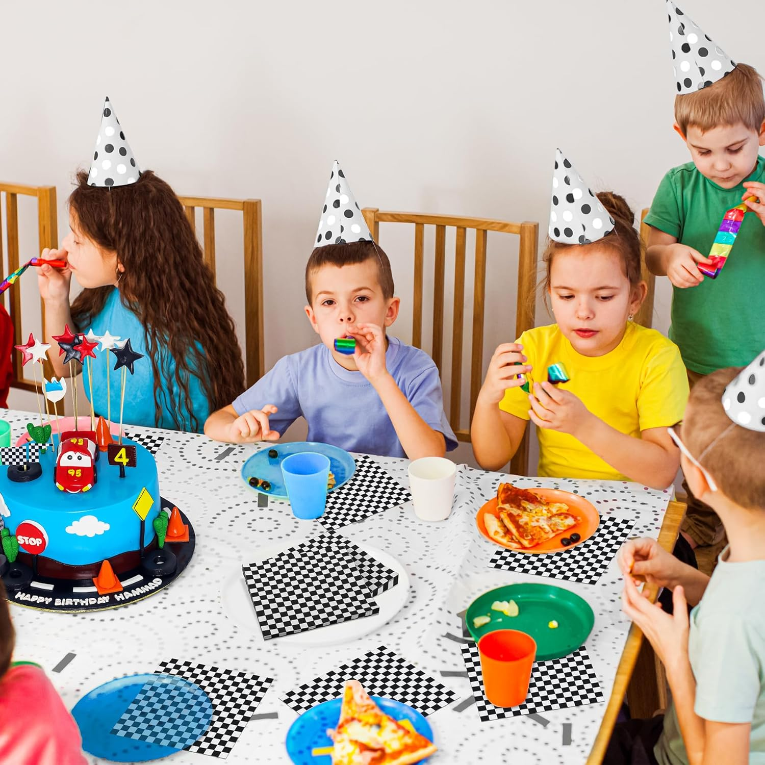 Aodaer 48 Pieces Race Car Paper Napkins - Disposable Checkered Flag Cocktail Dinner Napkins 13" X 13" Unfolded for Racing Party Supplies image number 1