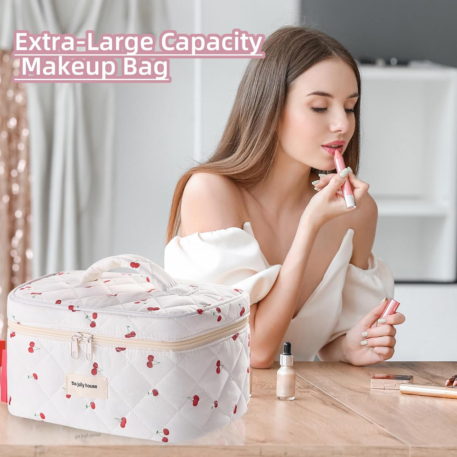 Quilted Cosmetic Bag Large Capacity Travel Cosmetic Bag for Women and Girls, Aesthetic Storage for Daily and Travel (Red Bigcherry) image number 2