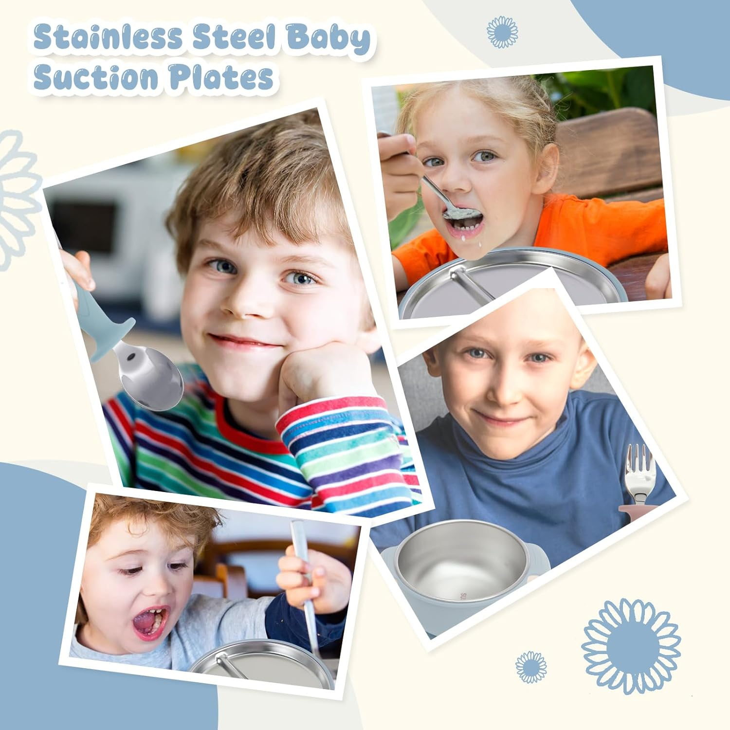 4 Pcs Stainless Steel Kids Plates Set Includes Plate Bowl Fork and Spoon, Creative Divided Food Tray, Dishwasher Safe Baby Feeding Set for Home Picnic Outdoor Activity (Light Blue) image number 6