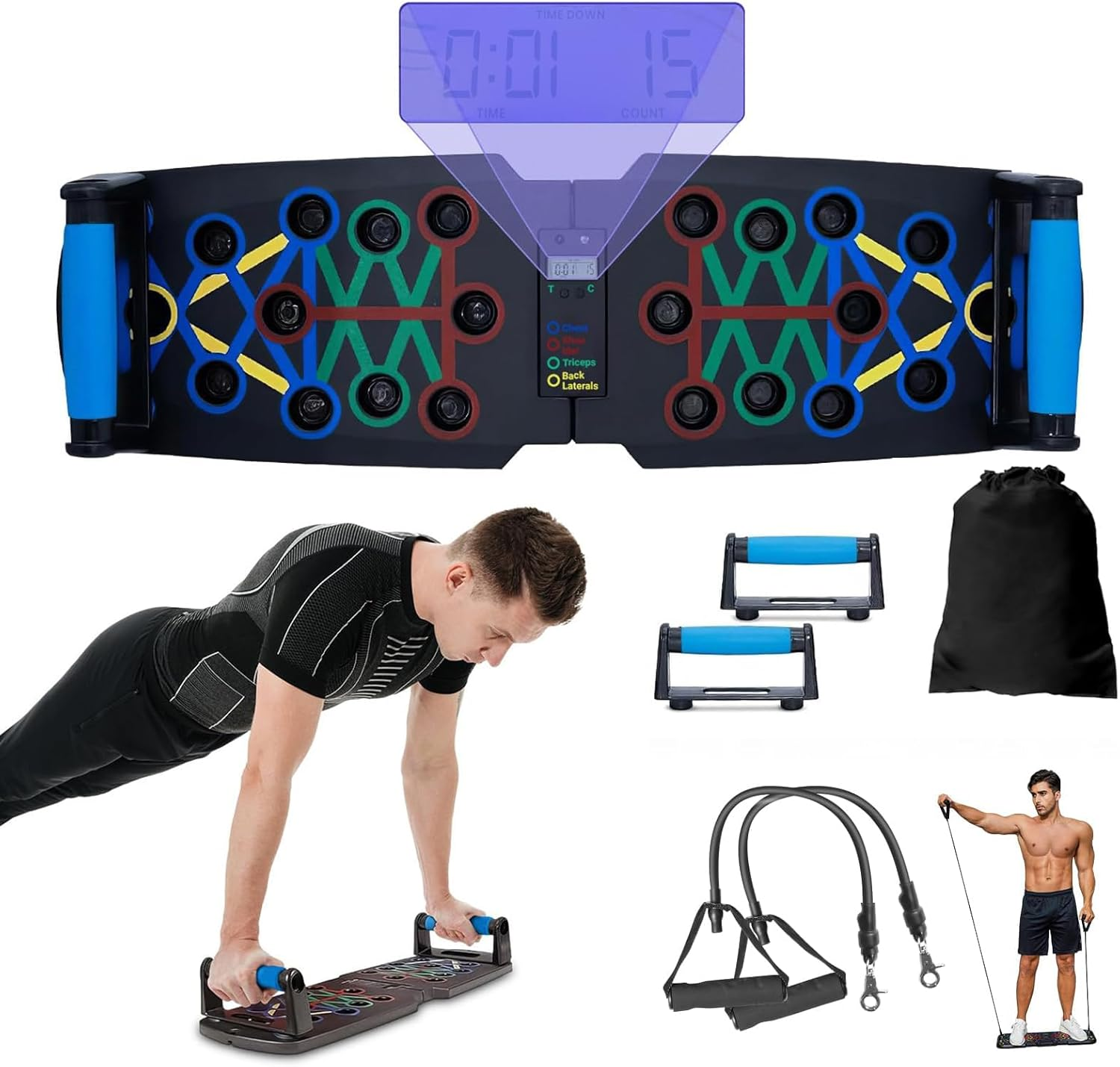 Solid Push up Board with Automatic Smart Counter, Foldable Board, 30-In-1 Push up Training System, Accessories with Pull up Band Professional Strength Training Equipment for Man and Women (Black 1) image number 2