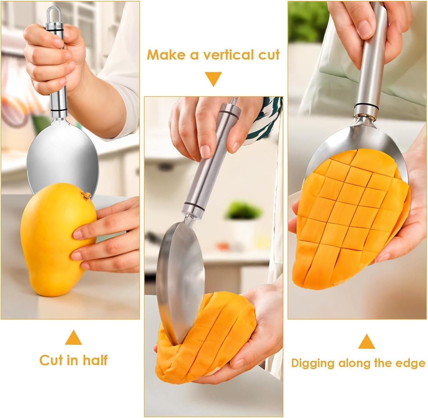 Mango Slicer, Silver Mango Cutting Tool, Stainless Steel Watermelon Slicing Tool, Mango Cutter, Divider and Corer, Mango Splitting Fruit Slicer with Non - Slip Handle, Kitchen Gadget image number 3