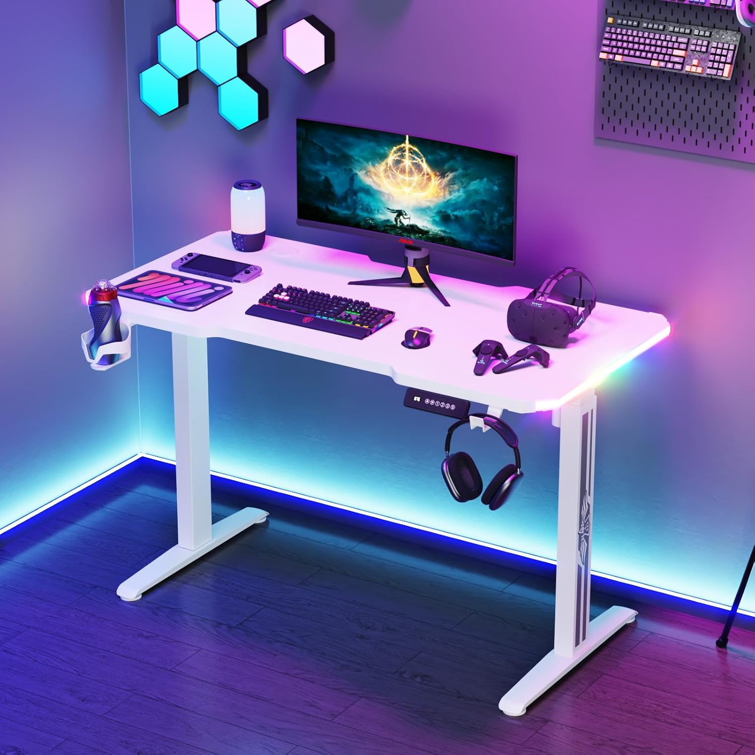 Advwin Electric Standing Desk, Gaming Desk RGB LED, Carbon Fiber Desktop Ergonomic Sit Stand Desk with Height Adjustable and Smart Memory Preset, Computer Workstations for Home & Office, Black, 140Cm