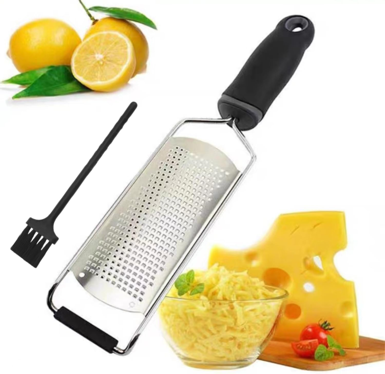 Stainless Steel Lemon & Cheese Grater - Professional Grater for Fruits, Vegetables & Chocolate - Includes Protective Sleeve & Cleaning Brush - Black