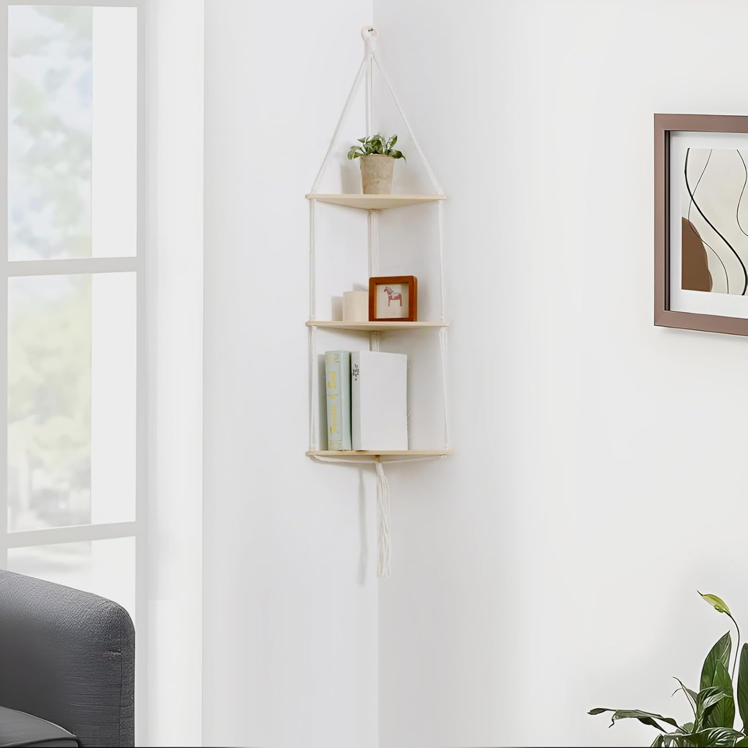 Artilady White Corner Floating Shelves Wall Hanging- Macrame 3 Tier Corner Shelf Plant Wall Decor Boho Rustic Wooden Storage Orgnizer for Bedroom Living Room Pots Photos