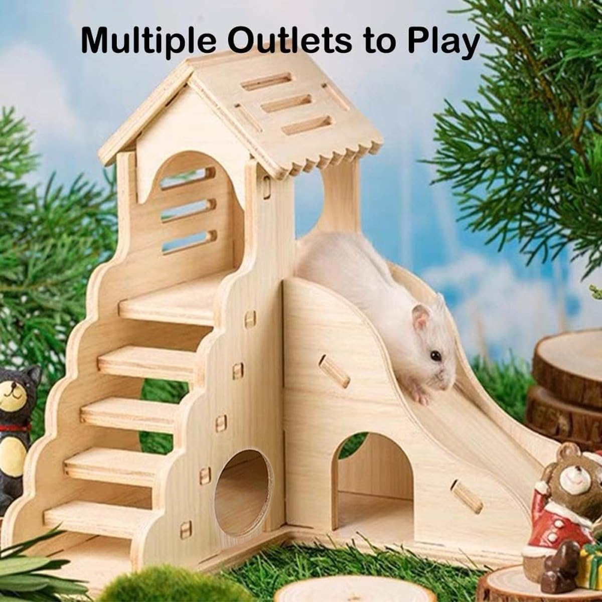 AIMALL Hamster Wooden Hideout House 17X17X16.6Cm Small Animal Villa Nest with Tenon Structure for Golden Bear Hedgehog Rutin Chicken Pet Toy Escape Shelter Habitat Decor image number 5