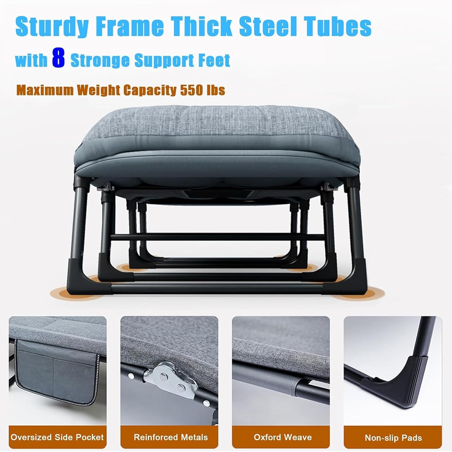 Camping Cot with Mattress for Adults, Adjustable 6-Position Folding Cot with Cushion and Pillow, Heavy Duty Outdoor Bed for Camp, Travel, Beach, Patio, Office, Home Naps, Supports 200Kg,190Cm-66Cm