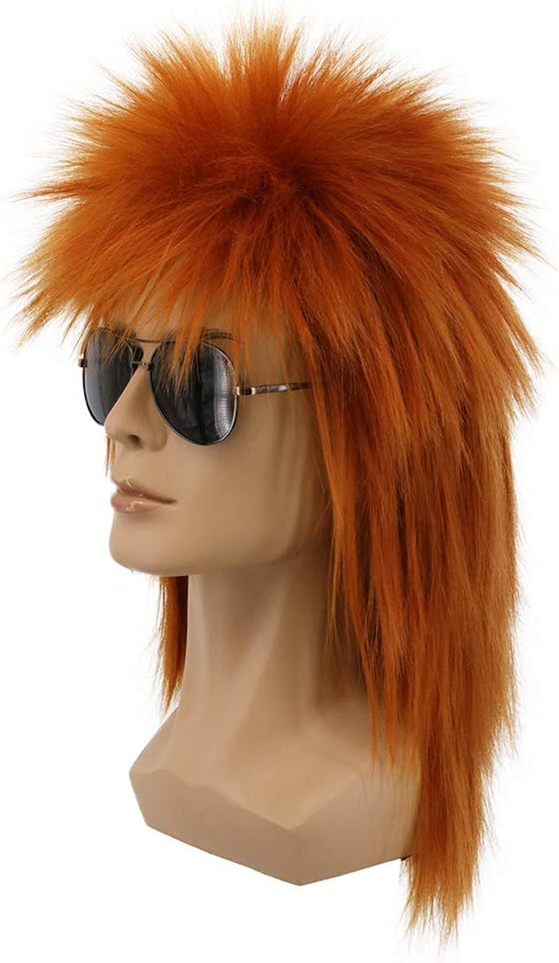 Yuehong Mullet Style Heavy Metal Halloween 70S 80S Red Orange Wig for Men Women Spiked Rocker Wig (Orange) image number 6