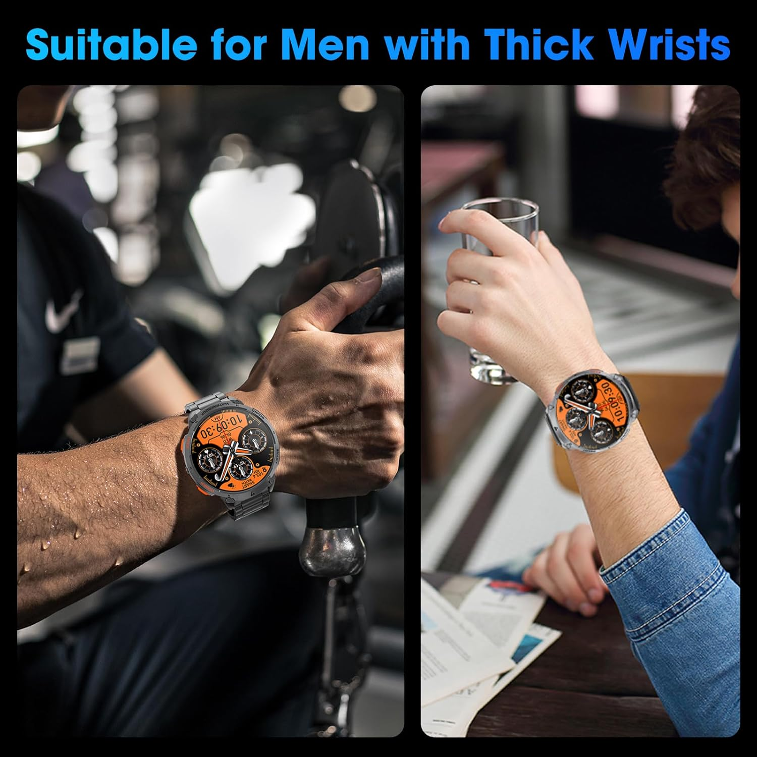 Military Smart Watch for Men 1.85" HD 730Mah Battery Smart Watches with LED Flashlight for Android Ios （Bluetooth Call Answer/Dial Calls） Fitness Tracker Black Steel Strip image number 5