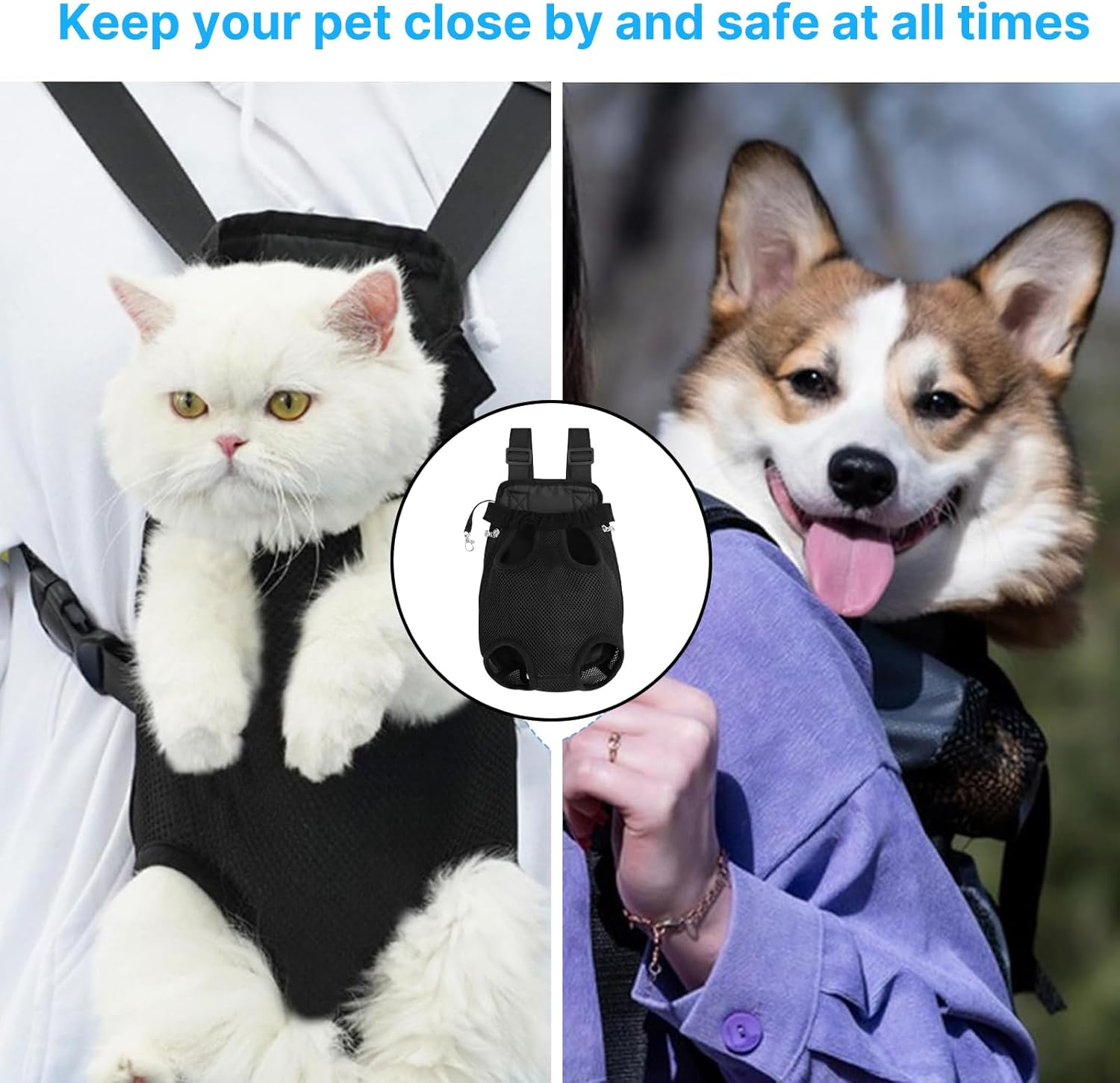 Dog Carrier Backpack, Adjustable Pet Carrier Backpack for Front and Back, Cat Dog Carrier Legs Out Rucksack for Camping Traveling Hiking with Hook and Loop, Breathable Mesh