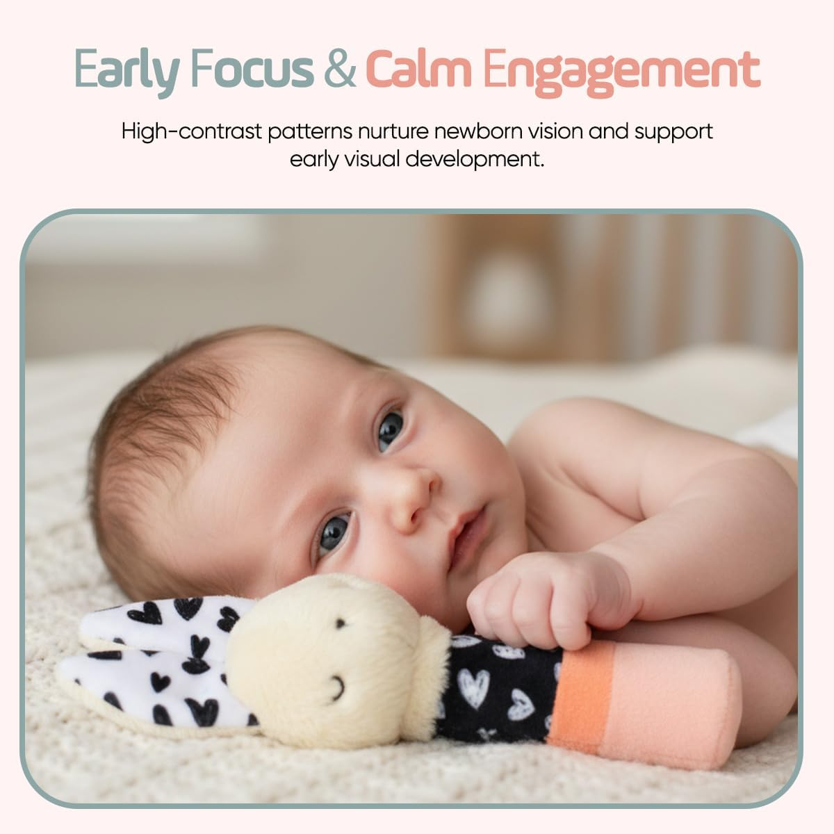 Bella Bunny Sensory Rattle Set &ndash; High Contrast Baby Toys for Newborns (0&ndash;6 Months), Soft Plush Bunny Rattle & Squeaker Gift Set for Tummy Time, Montessori & Soft Play Development