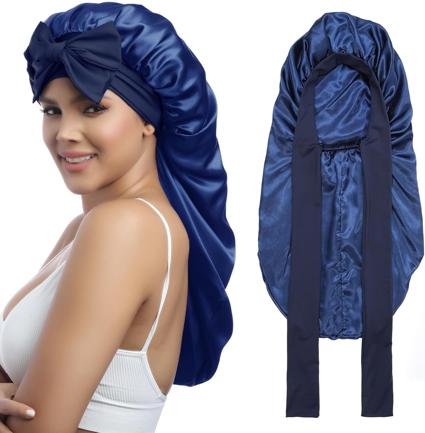 AWAYTR Long Satin Bonnet for Women - Double Layer Elastic Silk Bonnet for Braids Hair Sleeping Cap with Tie Band image number 3
