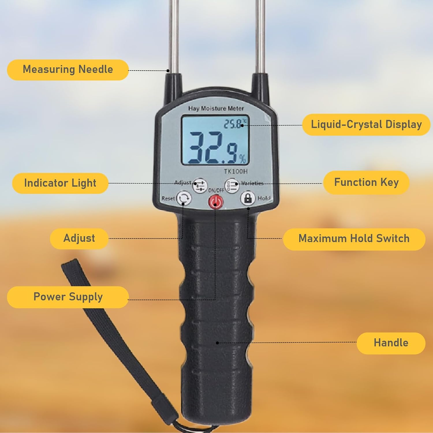 Upgrade TK100H Hay Moisture Tester, Portable Hay Moisture Meter with Bag, Precise Hay Moisture Tester with Probe for Cereal Straw, Forage, Leymus Chinensis, Range 0-80%