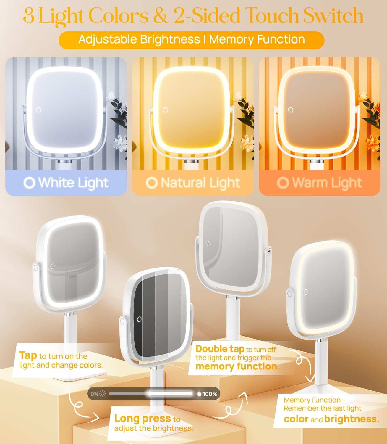 Gospire Rectangle Lighted Makeup Mirror with Magnification, 10X Magnifying Mirror with Lights 3 Color, Height Adjustable and 4000Mah Battery for Bedroom Bathroom, Large Surface for Women or Men- White - White image number 6