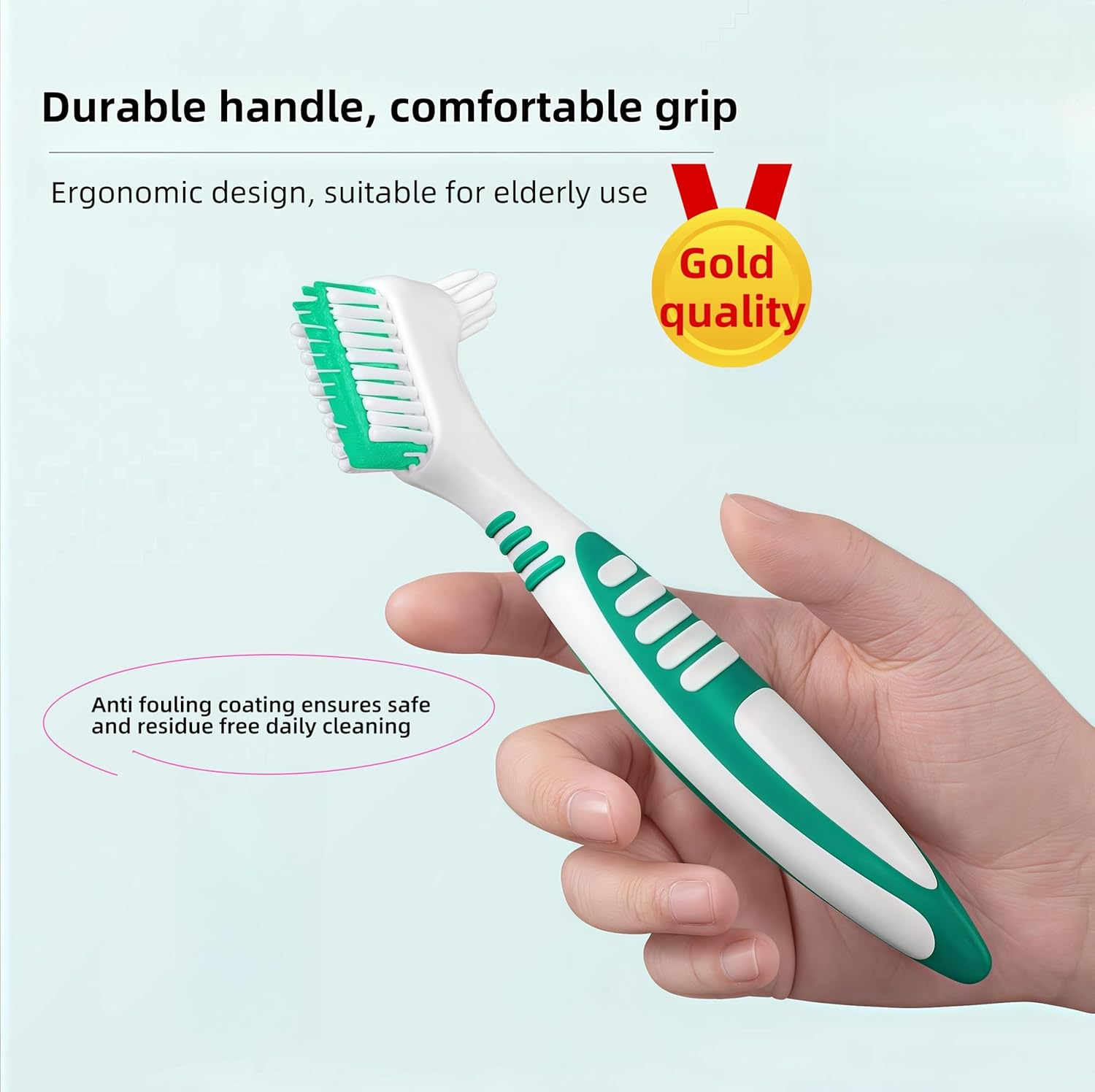 Denture Cleaning Brushes 2-Pack with Dual-Angle Heads - Soft Nylon Bristles & Ergonomic Grip, Travel Denture Brush Kit for Seniors (Green/Purple) | Denture Care Essentials image number 2