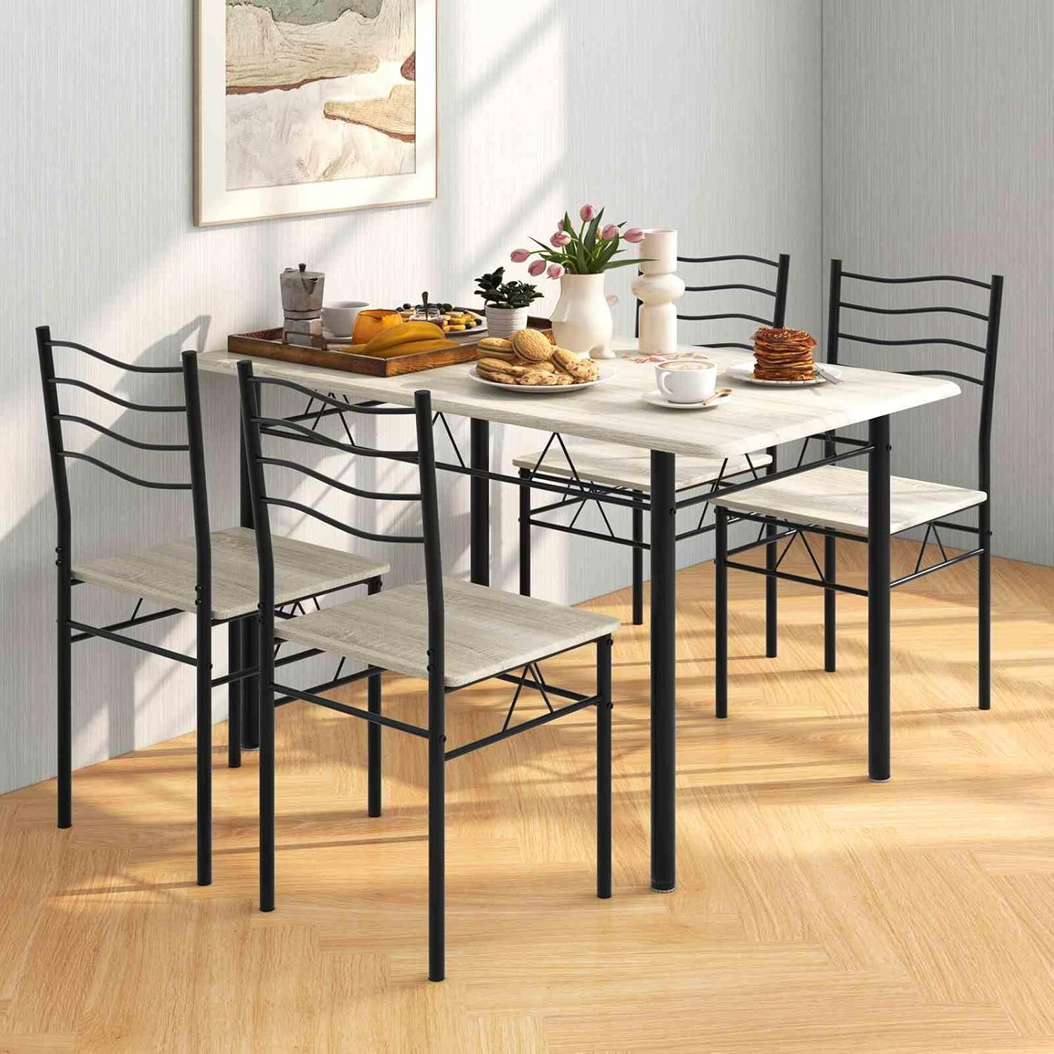 Costway 5-Piece Dining Table and Chair Set, Metal and Wood Rectangular Dinning Table Furniture Set W/ 4 High Backrest Chairs, Modern Dinette Set for Kitchen, Dinning Room, Restaurant, Shallow Walnut image number 3