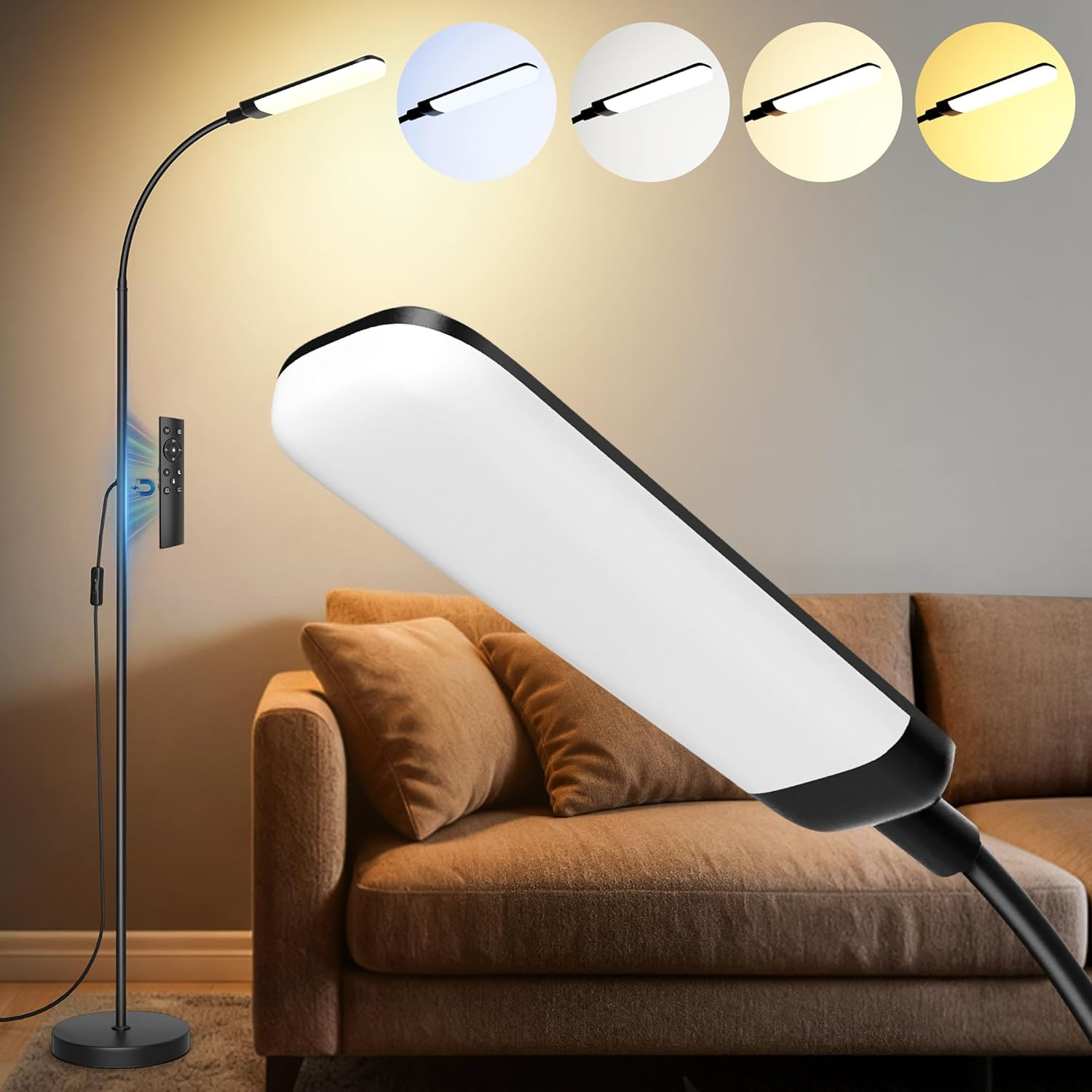 LED Floor Lamp, 1300Lm Standing Lamp with 4 Scene Modes, 175Cm Conner Lamp with Stepless Dimming/Color Temperature, 360&deg;Rotatable Neck Floor Lamps for Living Room, Office, Reading, Bedroom image number 4
