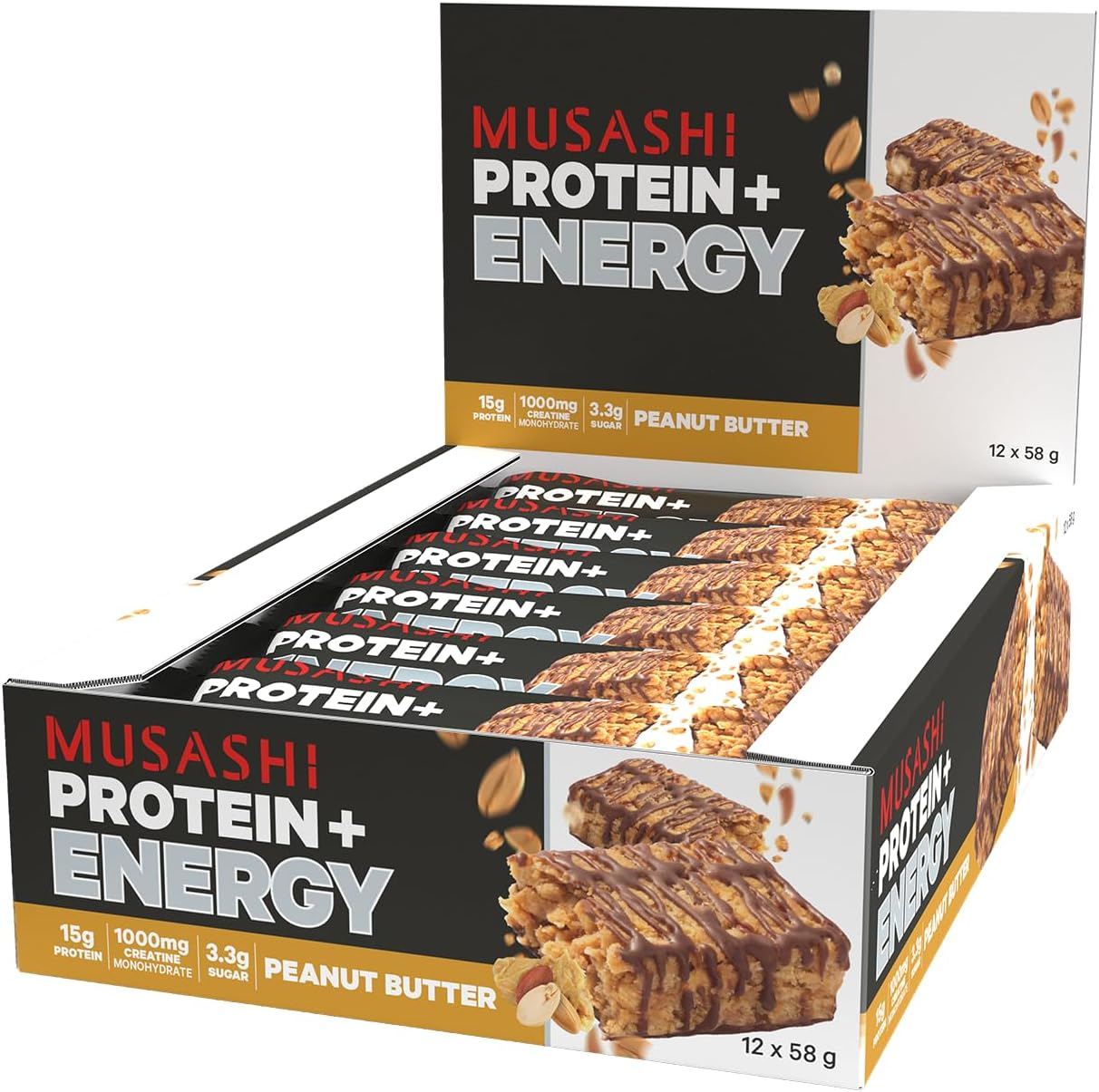 Musashi High Protein Bar, Peanut Butter Flavour, 90G &ndash; 12 Pack Muscle Recovery Snack with 45G Protein for Strength, Recovery & On-The-Go Fuel image number 1