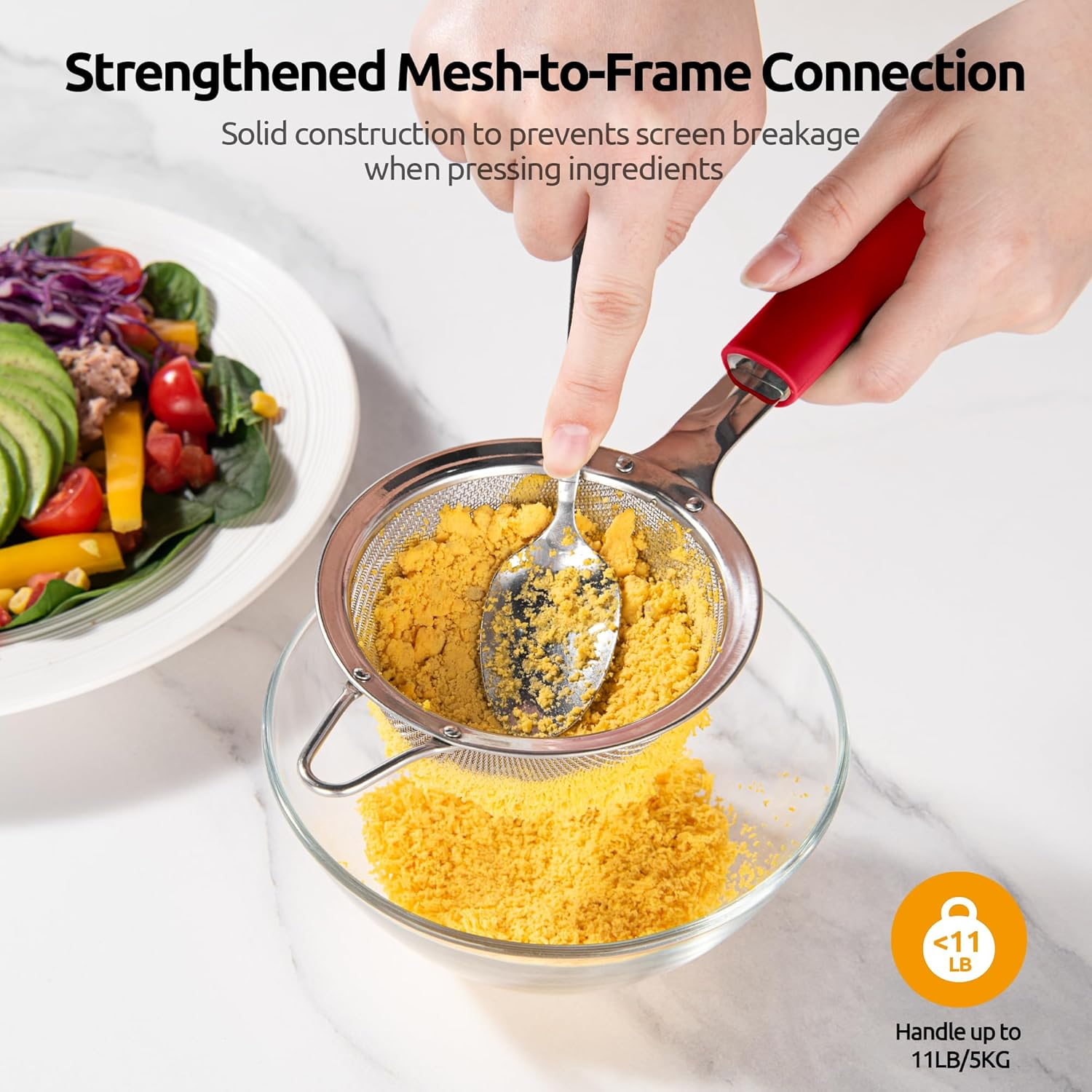 U-Taste 8.5Cm Small Mesh Strainer - 18/8 Stainless Steel Kitchen 30-Mesh Fine Food Sieve with Heavy Duty Riveted Silicone Handle, 5.5Cm Deep Handheld Metal Fruit Colander for Tea, Juice (Red) image number 2