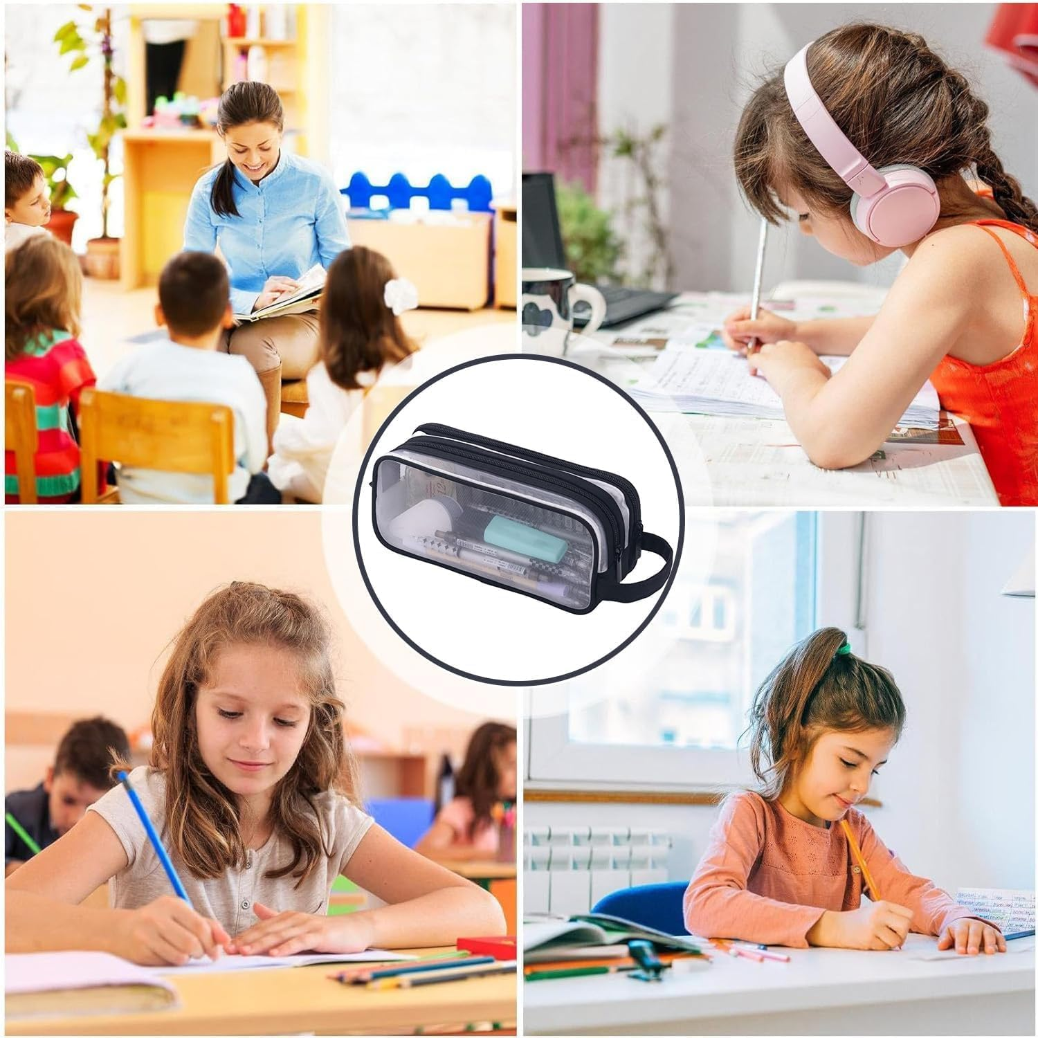 Grid Mesh Pen Pencil Case with Zipper, 2 Compartment Clear Pencil Case Pouch, Clear Zipper Transparent Stationary Makeup Bag, Multi-Purpose Transparent Stationery Bag (Black) image number 3