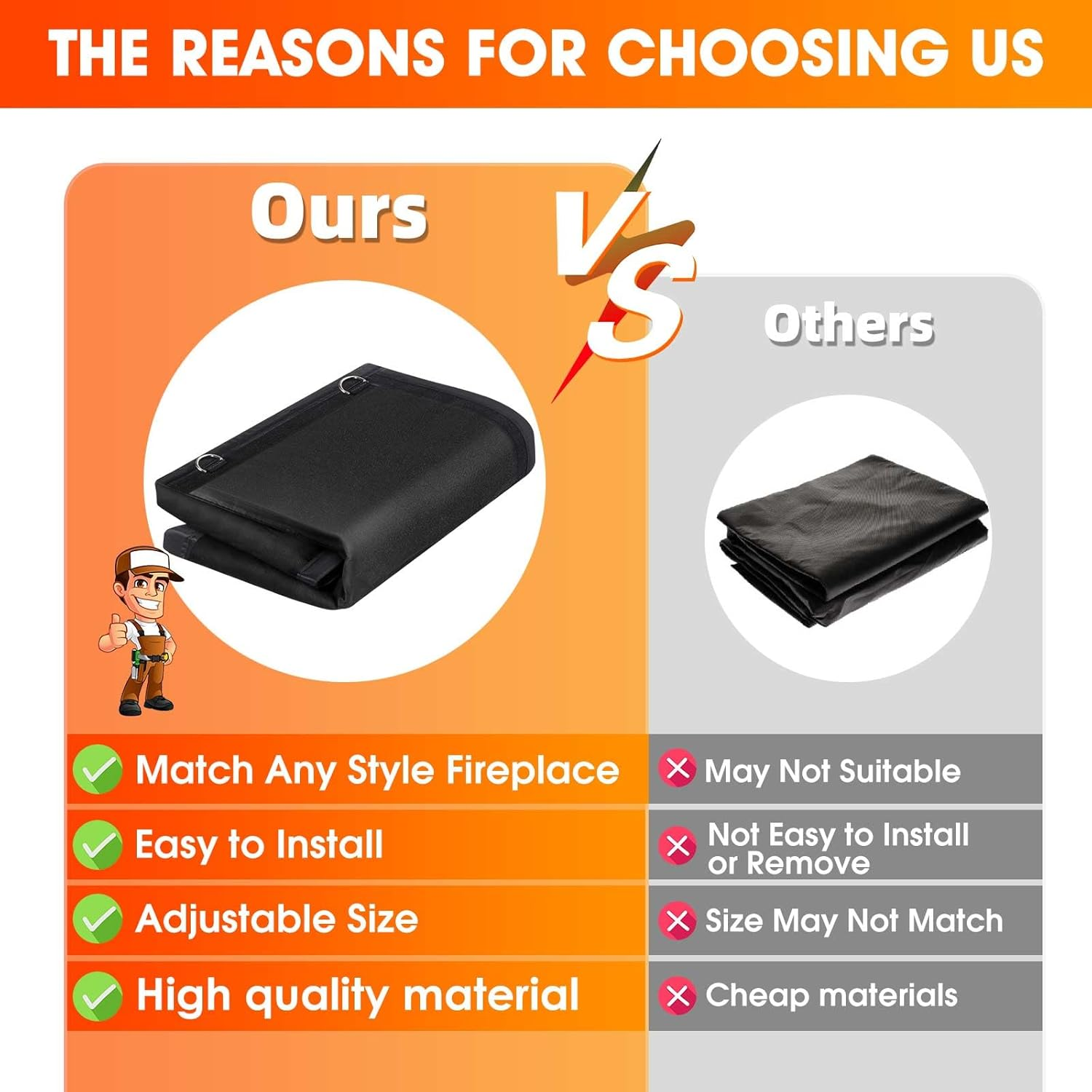 CADARA Fireplace Blocker Blanket - Magnetic Draft Stopper, Indoor Heat Loss Cover with Hook and Loop Tapes, Cold Air Blocker to save Energy, Black 36" W X 24" H image number 2