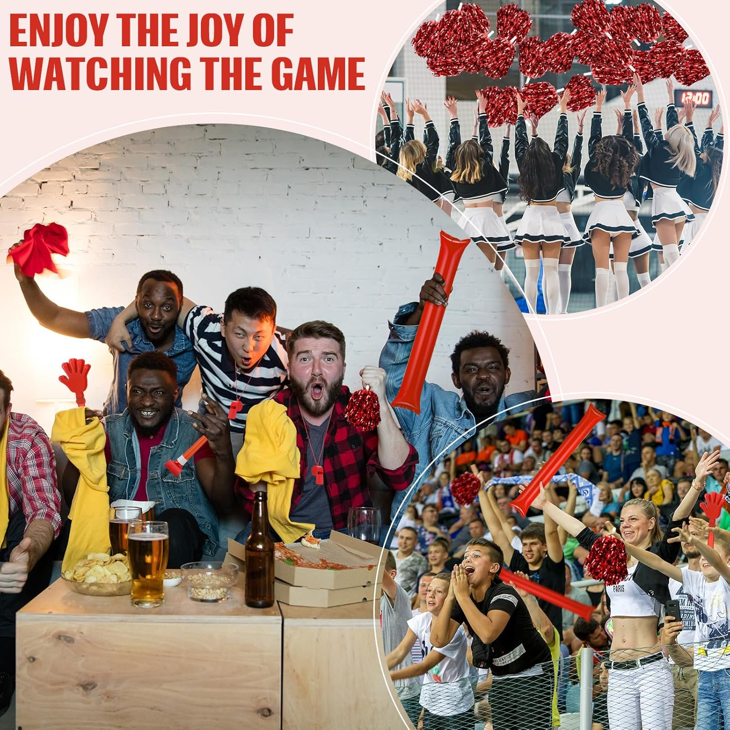 48 Pcs Cheerleading Pom Poms Thunder Sticks Hand Clappers Plastic Whistles with Lanyards Squawker Horns image number 5