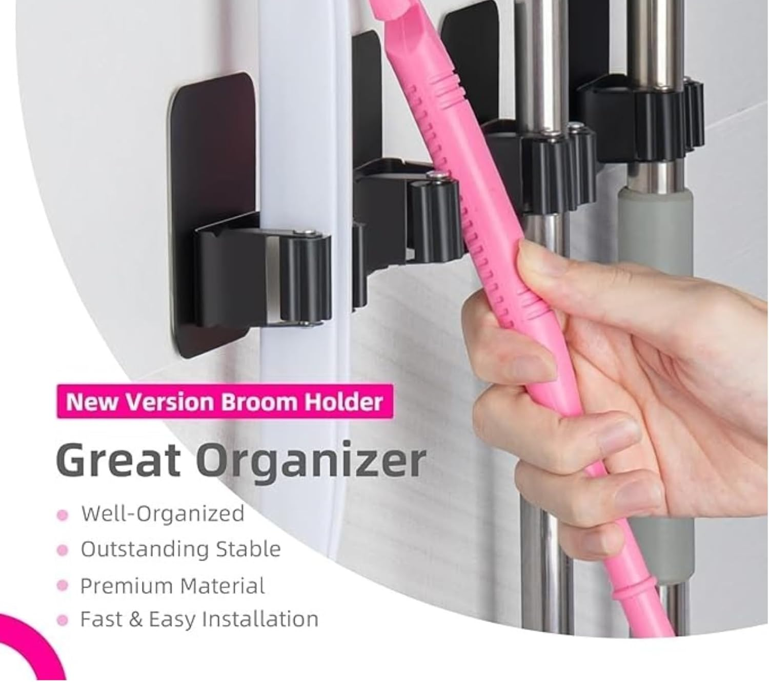 AUDWUD 4PCS Broom Holder Wall Mount，Space-Saving, Stainless Steel, Black,Anti-Slip Mop Holder Wall Mount, Self Adhesive Broom Organizer Hanger Gripper for Bathroom, Kitchen, Laundry Room Storage image number 4