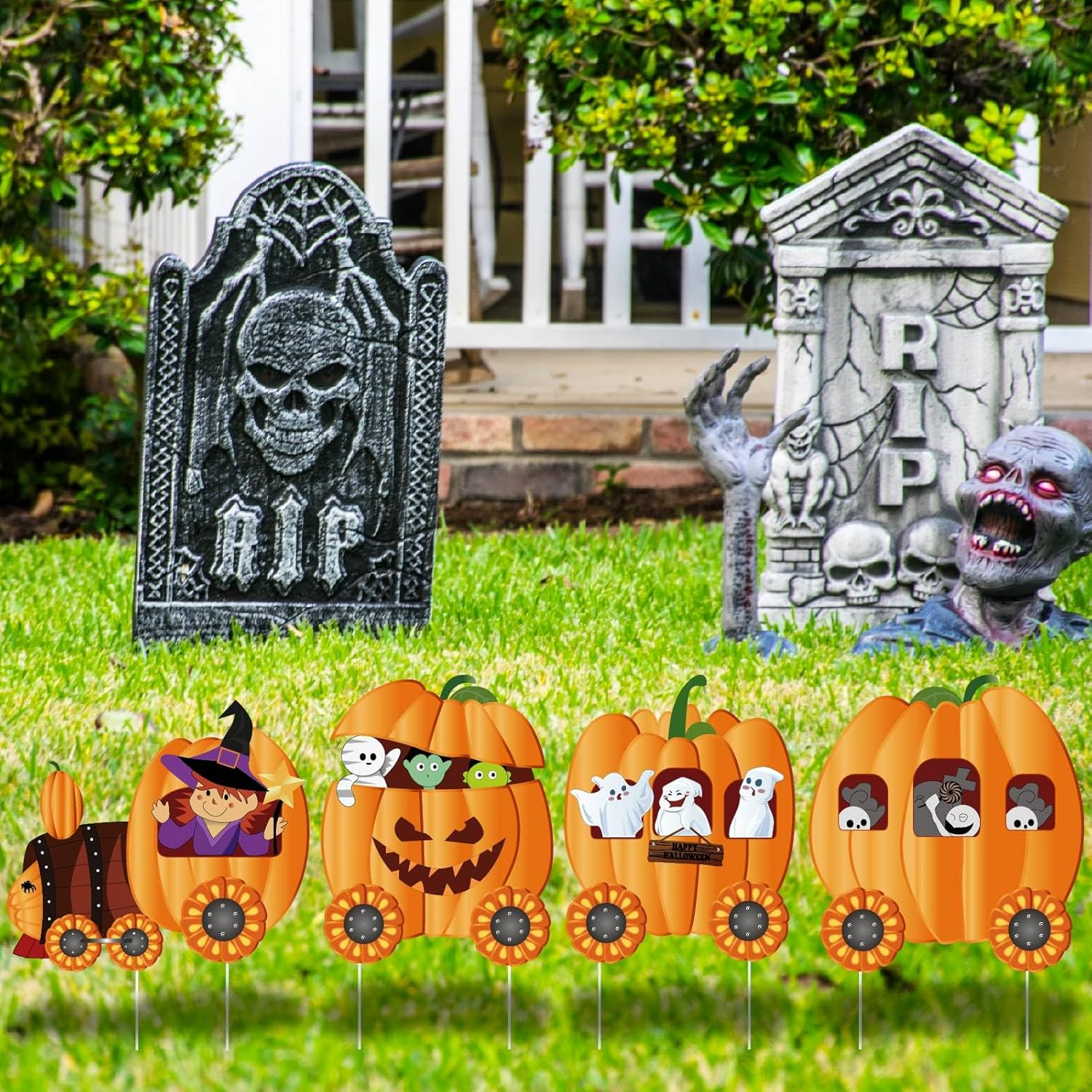 Halloween Thanksgiving Decorations Outdoor Yard Signs 4PCS Halloween Yard Stakes Witch Skeleton Mummy Pumpkin Train Halloween Fall Lawn Sign Corrugated Plastic Happy Fall Harvest Decorations Outside image number 5