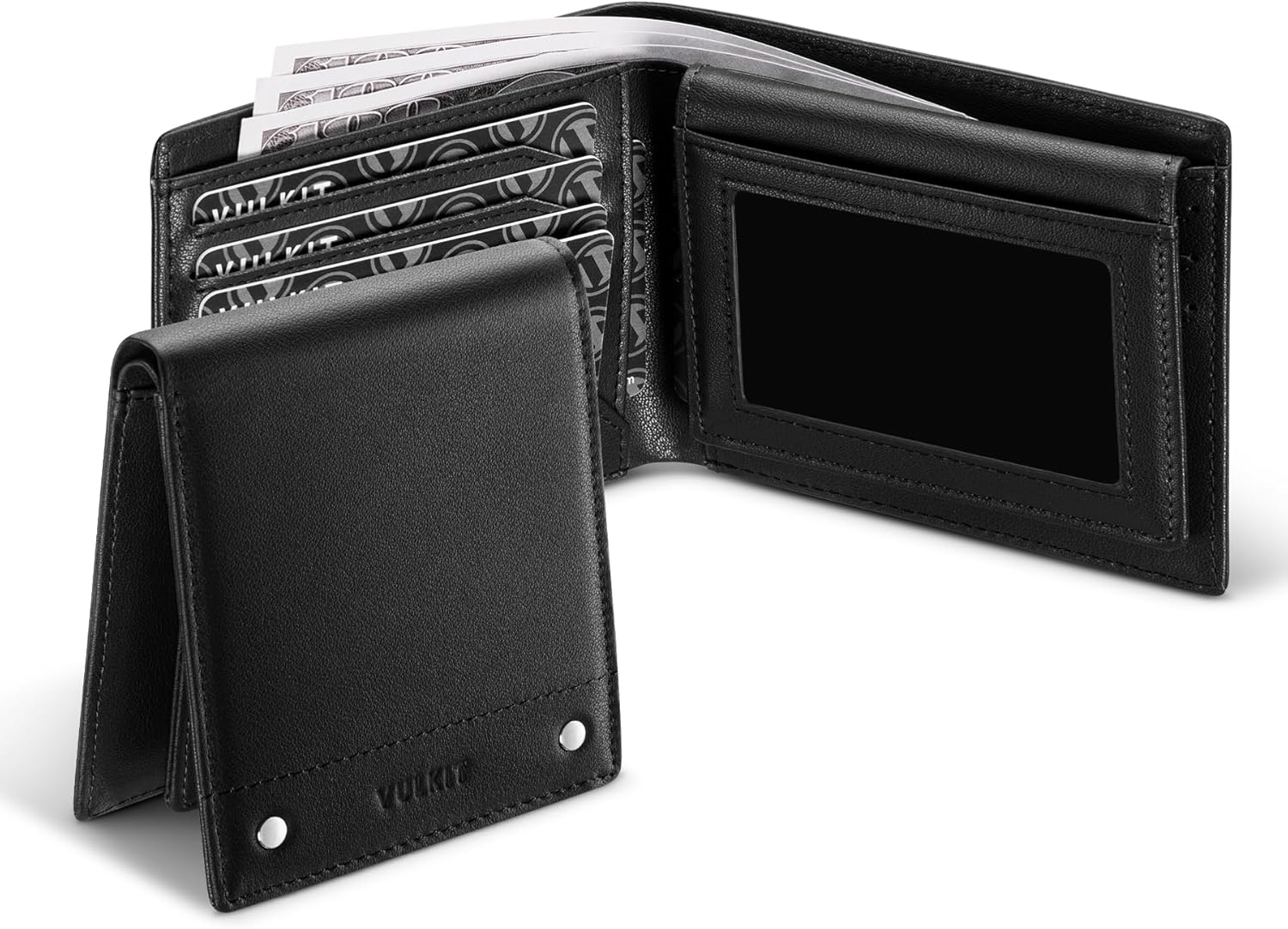 VULKIT Men'S Bifold Wallet Genuine Leather Wallet RFID Blocking with Multiple Card Slots and Double ID Windows Everyday Carry Wallet