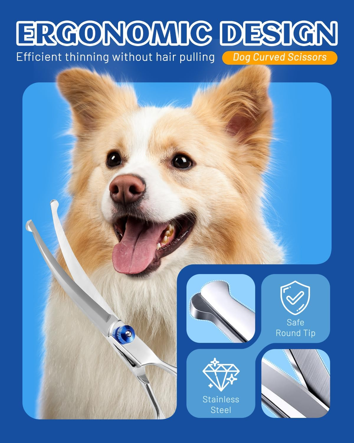 Dog Grooming Scissors - Curved Pet Grooming Shears with Safety round Tips, Professional Stainless Steel Pet Scissor for Cats Dogs Trimming Face and Paws image number 5