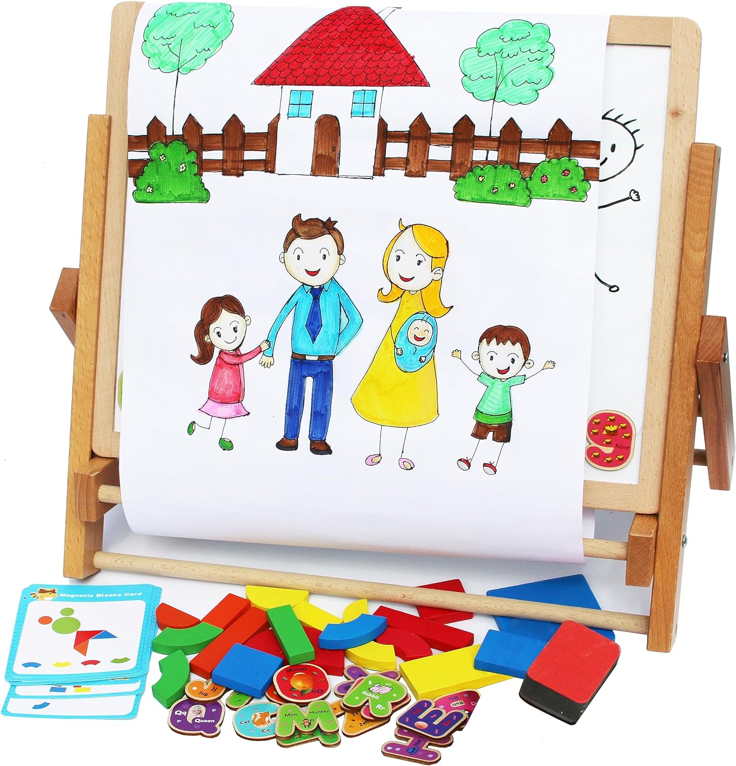 Wooden Easel for Children Foldable-Double Magnetic Boards Shapes Letters Numbers Paper Roll Kids Art-Table Top Magnetic Board Black White Drawing Board for Kids