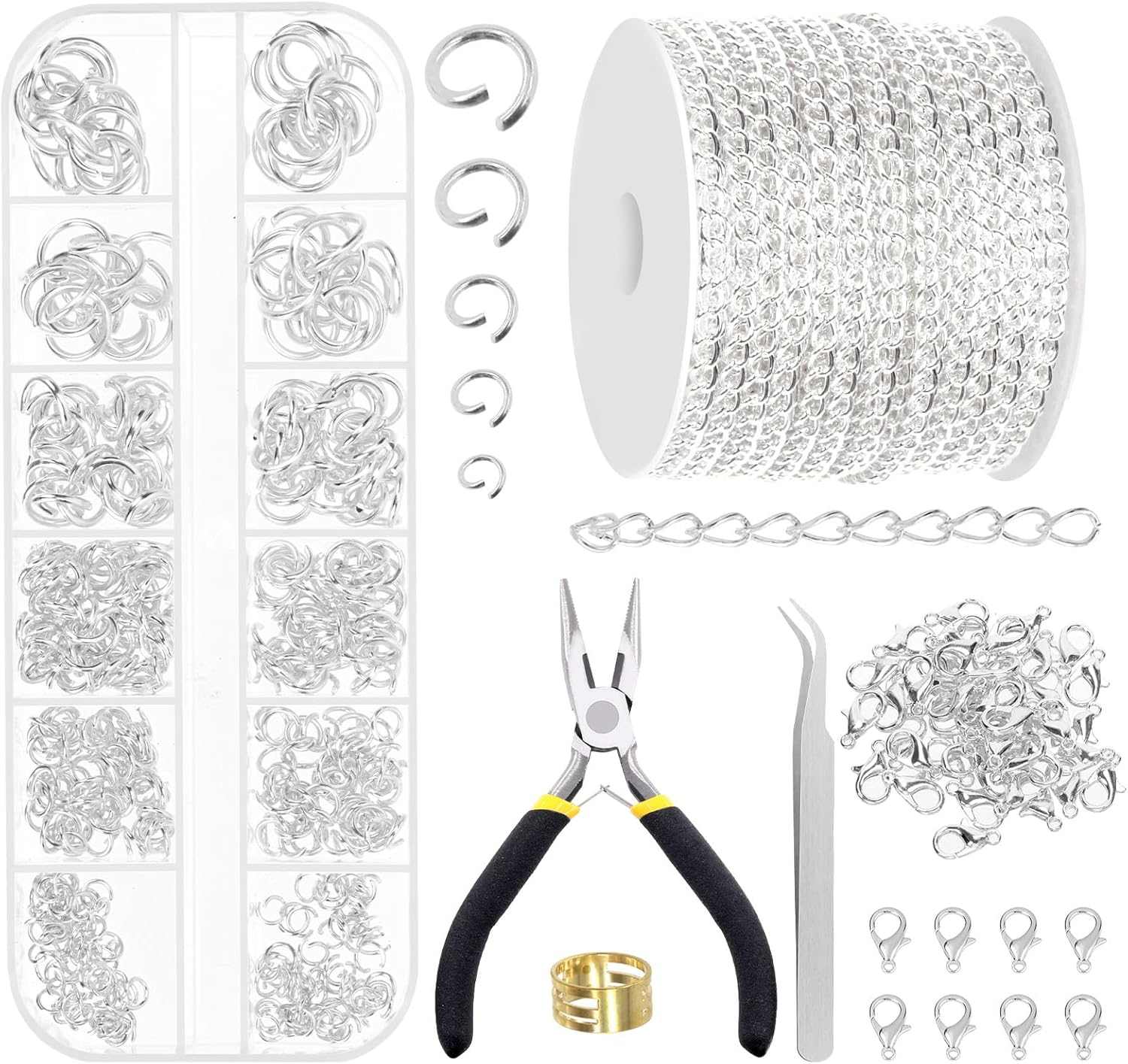 Glarks 504Pcs 30 Feet Jewelry Chains Set Silver Cable Link Chains Link Rolls Bulk Twisted Links Chain Necklace Jewelry Making Chains with Lobster Clasps and Jump Rings for Necklace Jewelry Making