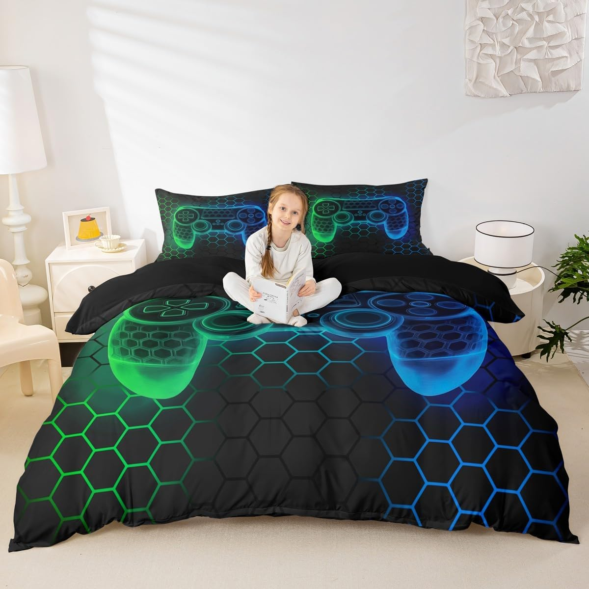 Loussiesd Kids Gamer Honeycomb Duvet Cover Set Single Size for Boys Girls Teens Gaming Geometric Bedding Set Blue Green Neon Gamepad Comforter Cover with 1 Pillowcase Game Room Decor Beds Set image number 5